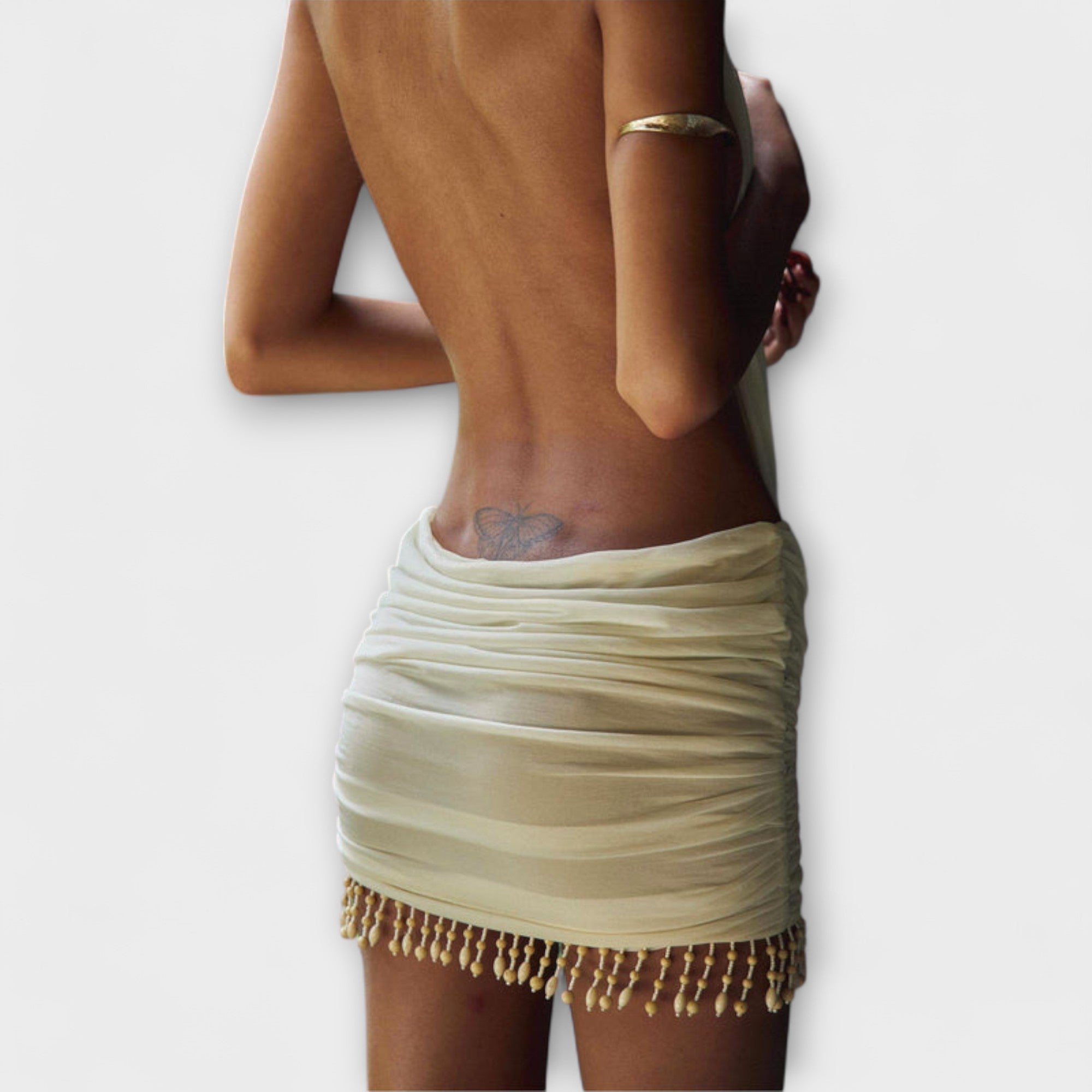 Women’s Mini Dress, Soft Pleated Fabric, Sleeveless Fitted, Adjustable Neck Tie, Open Back, Pearl Trim