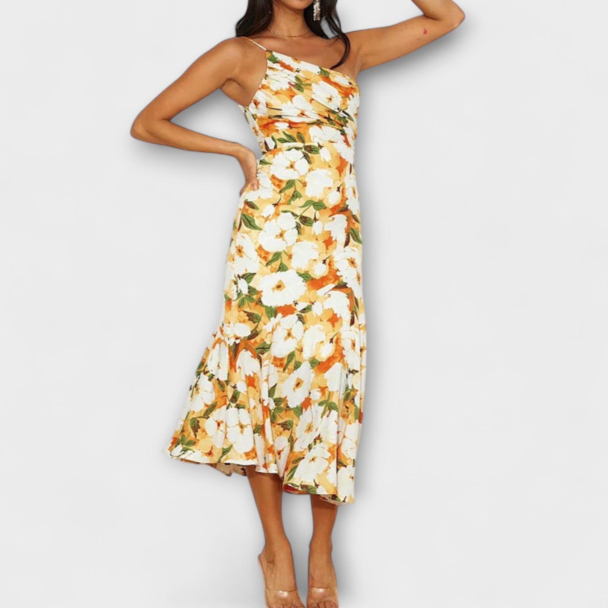 Women’s One-Shoulder Floral Dress, Asymmetric Neckline, Modern Fit