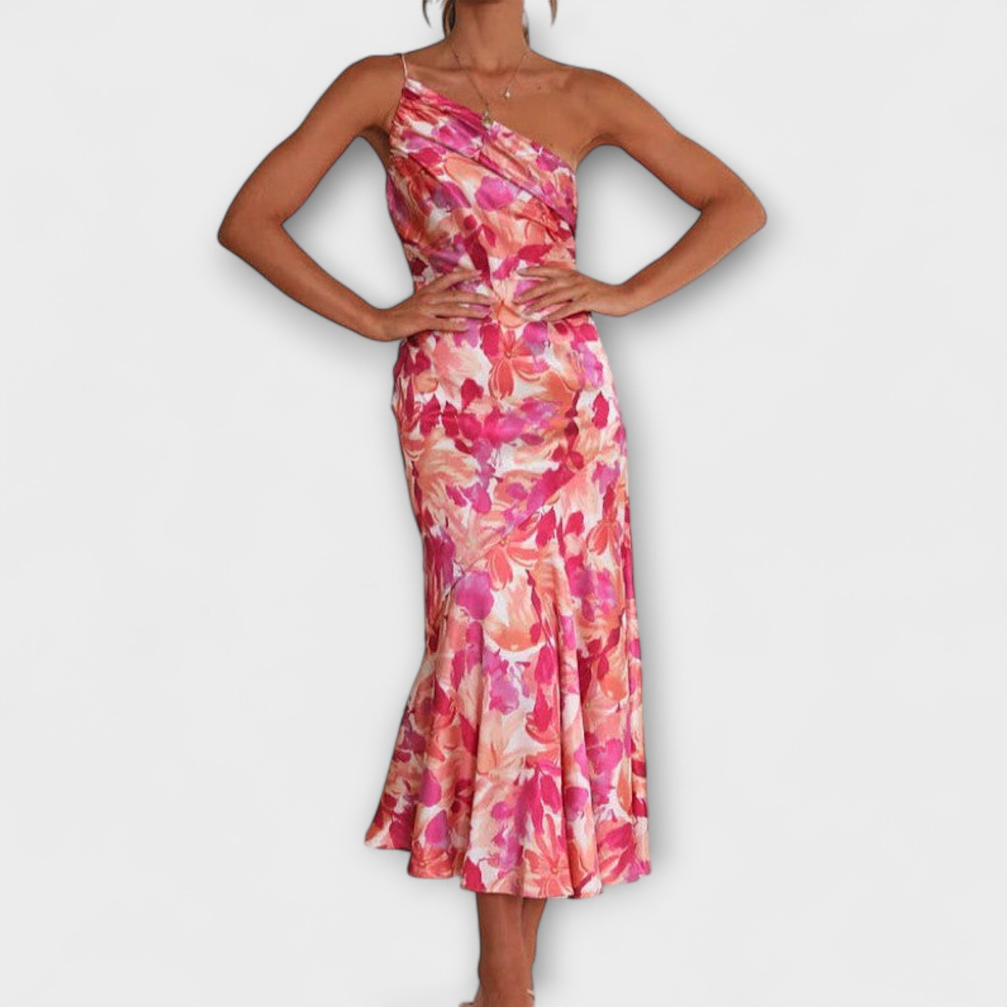 Women’s One-Shoulder Floral Dress, Asymmetric Neckline, Modern Fit