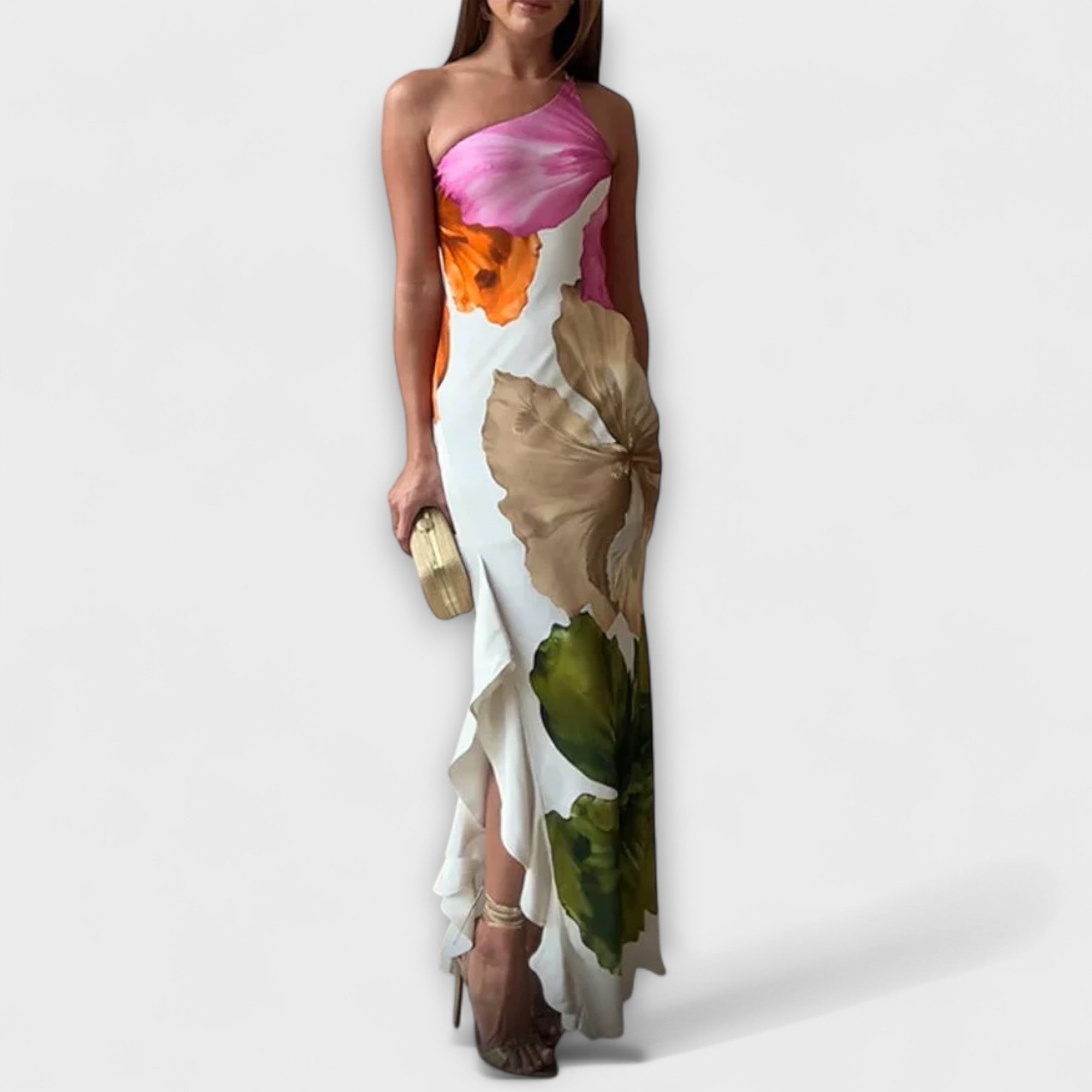 Women’s Patchwork Maxi Dress, Sleeveless, Asymmetrical Neckline, Empire Waist, Pleated Silhouette, Ankle-Length