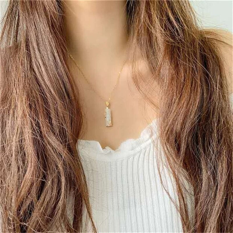 Women’s Pendant Necklace, Genuine Jade Stone, Stainless Steel, Minimalist Design, Durable and Elegant Jewelry