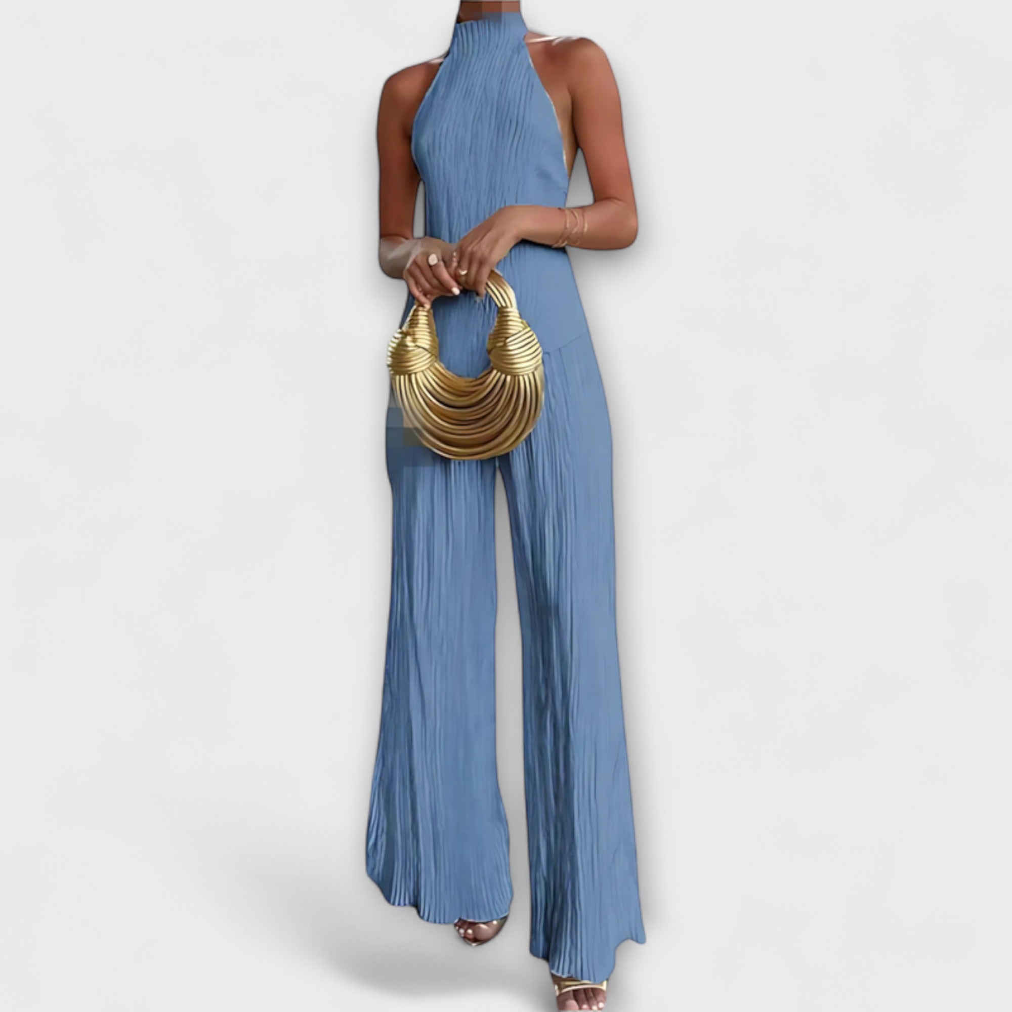 Women’s Pleated Asymmetrical Top Set, Sleeveless Backless High Neck, Relaxed Fit, Soft Sheen Fabric, Wide-Leg Trousers