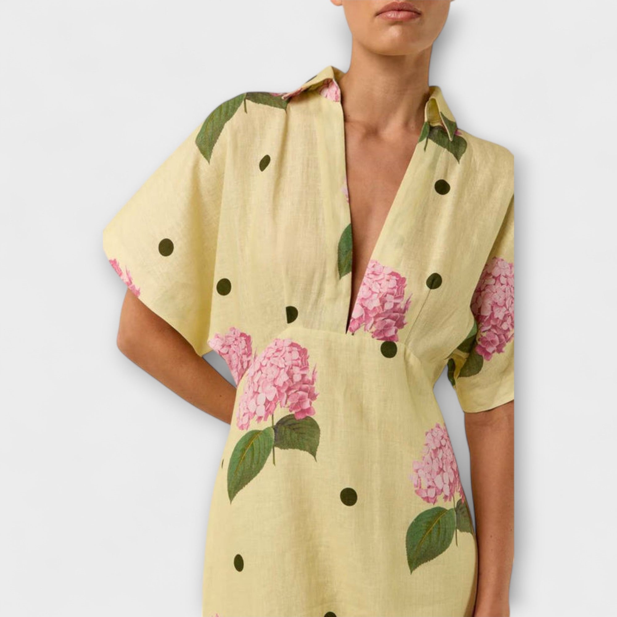 Women’s Polka Dot Midi Dress, Sleeveless, Tailored Fit, V-Neckline, A-Line Skirt, Lace Collar, Belted Waist