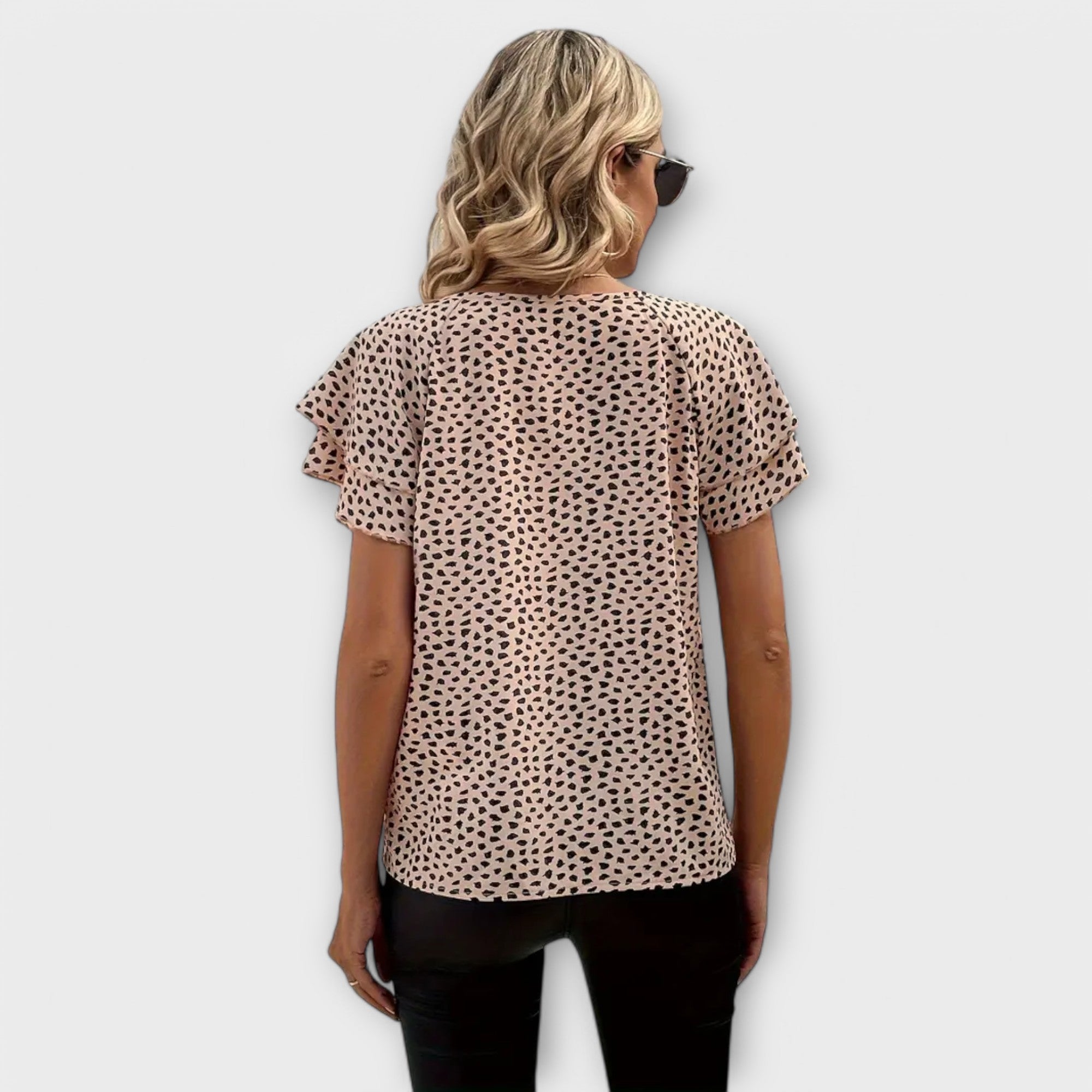 Women’s Printed Blouse, All-Over Print, Ruffle Collar and Sleeves, Versatile Fit