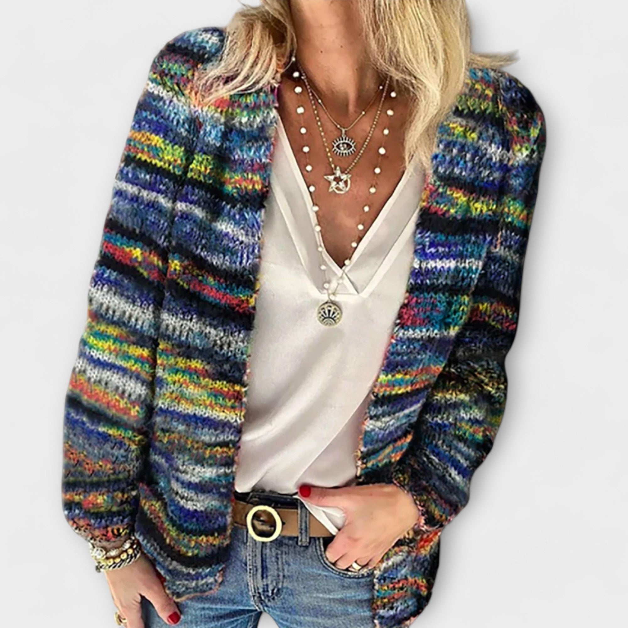 Women’s Printed Polyester Long Cardigan, Long Sleeve, Open Front, Loose Fit