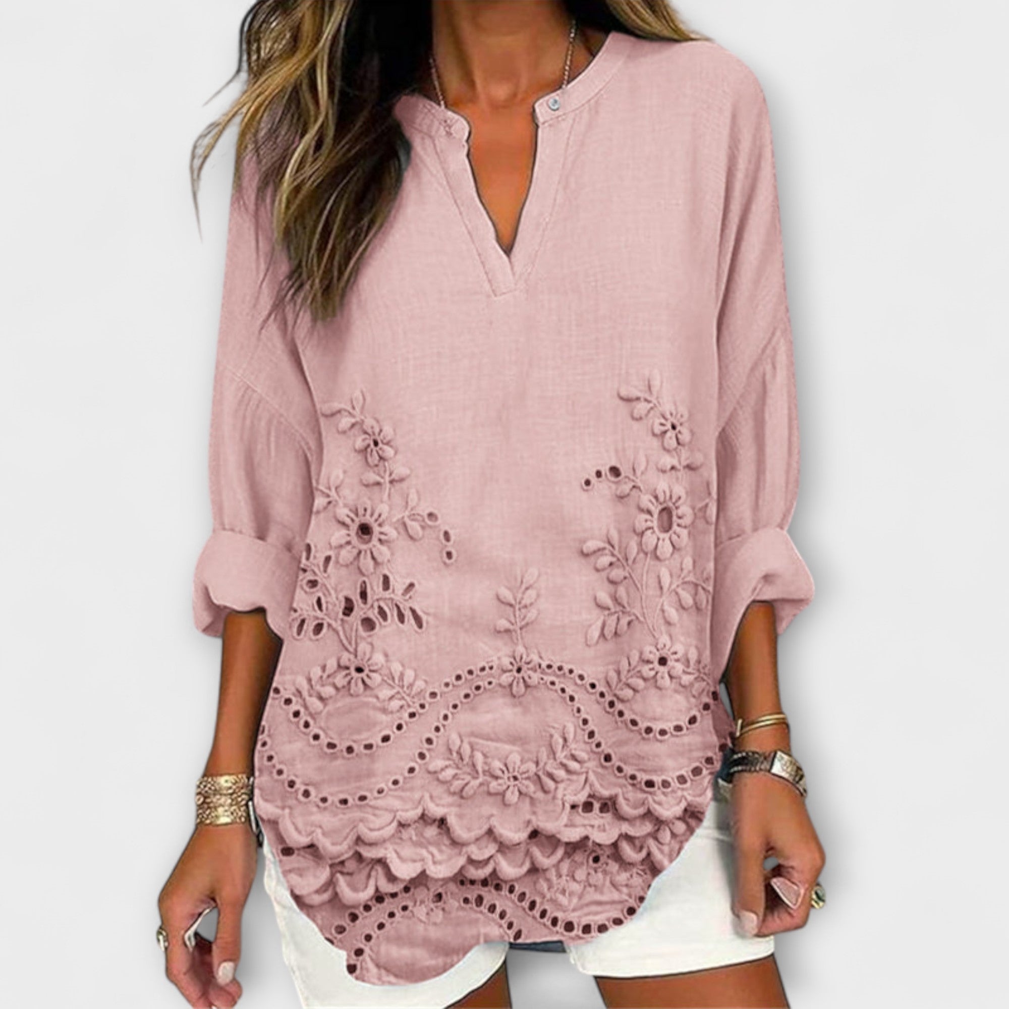 Women’s Printed Top, Short Sleeve, Round Neckline, Relaxed Fit, Lightweight Fabric with Floral Print Hem