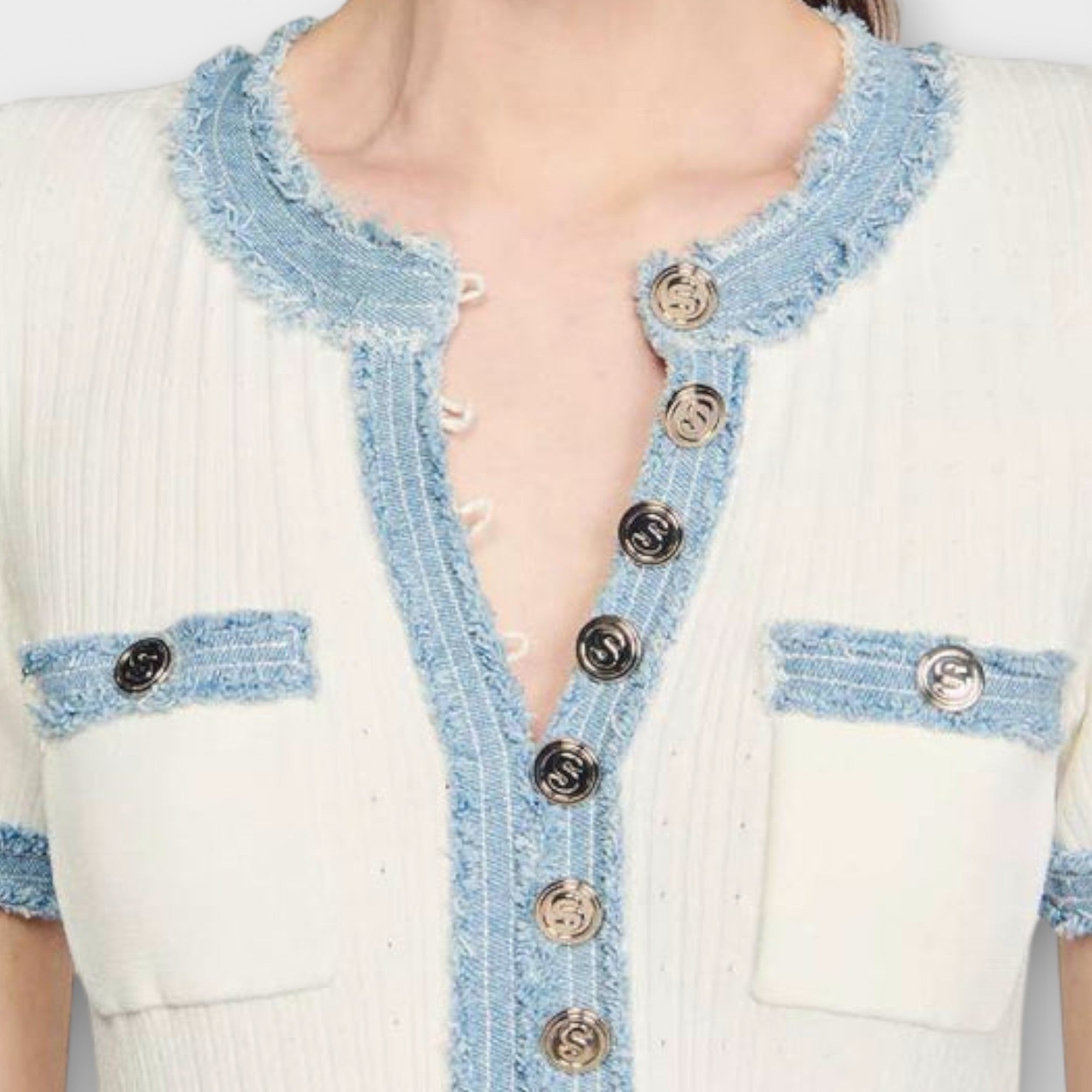 Women’s Raw Denim Collared Top, Short Sleeve, Relaxed Fit, Ribbed Texture, Button Closure, Patch Pockets