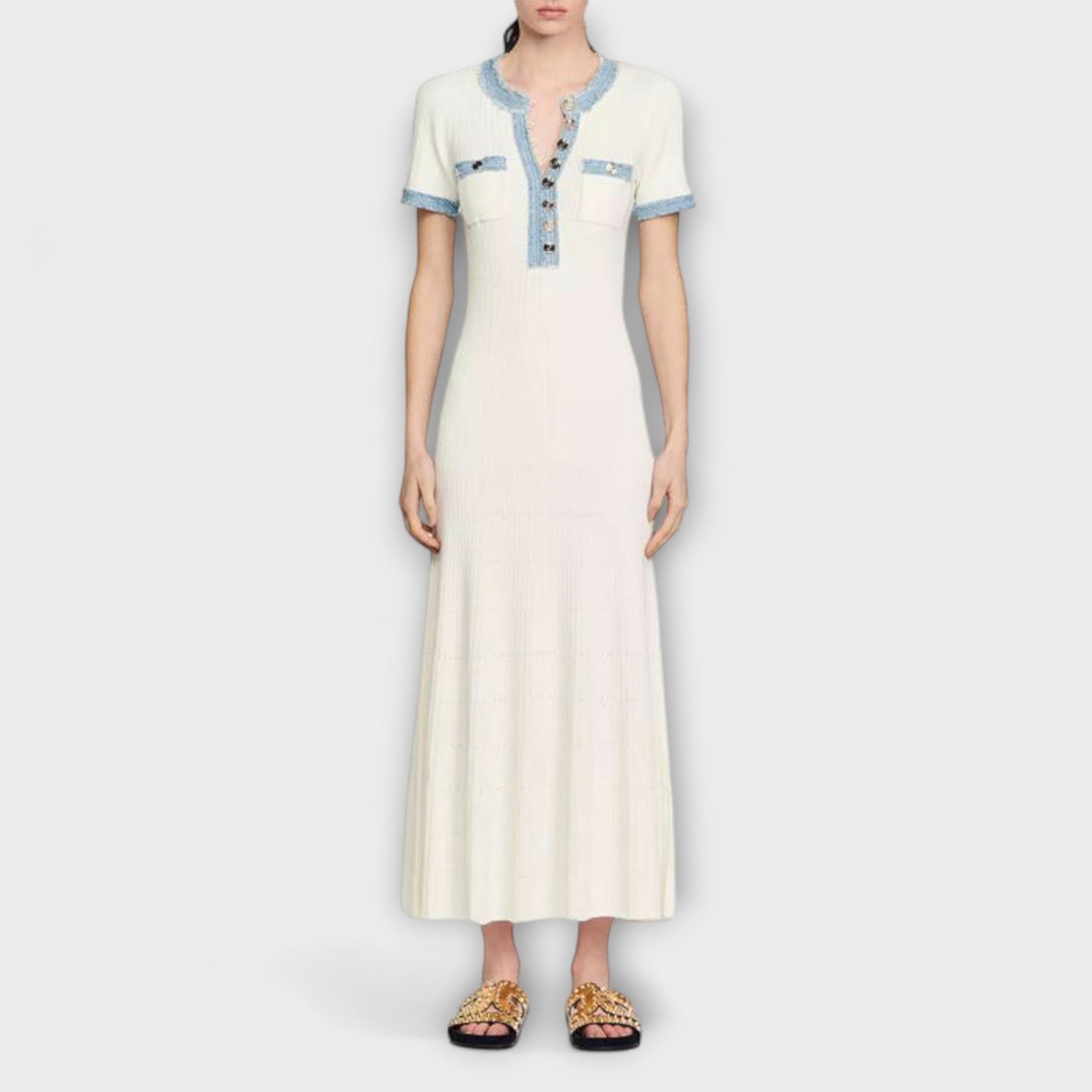 Women’s Raw Denim Collared Top, Short Sleeve, Relaxed Fit, Ribbed Texture, Button Closure, Patch Pockets