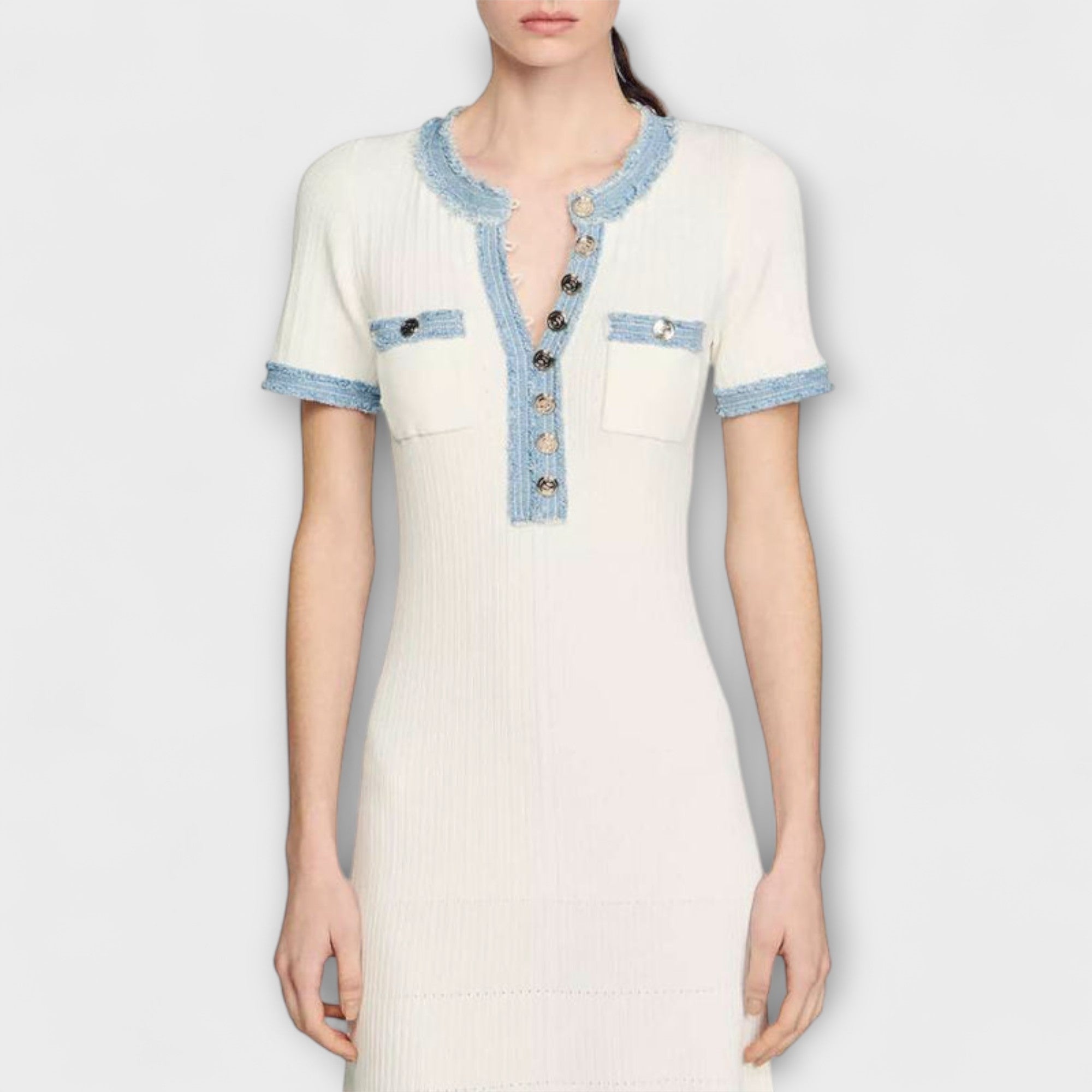 Women’s Raw Denim Collared Top, Short Sleeve, Relaxed Fit, Ribbed Texture, Button Closure, Patch Pockets