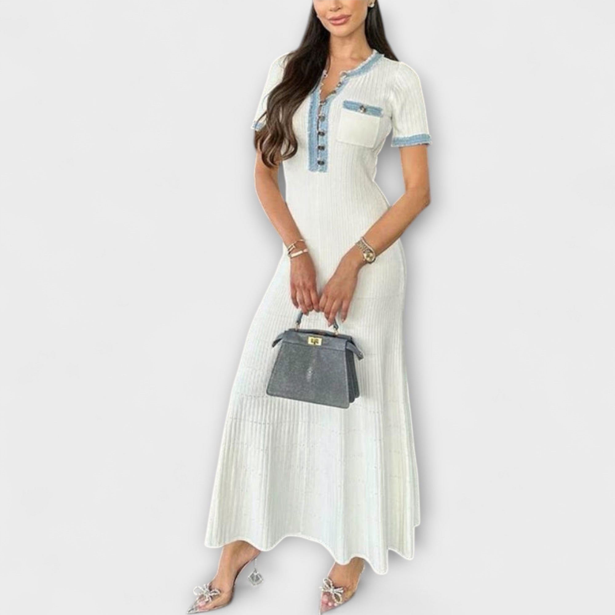 Women’s Raw Denim Collared Top, Short Sleeve, Relaxed Fit, Ribbed Texture, Button Closure, Patch Pockets