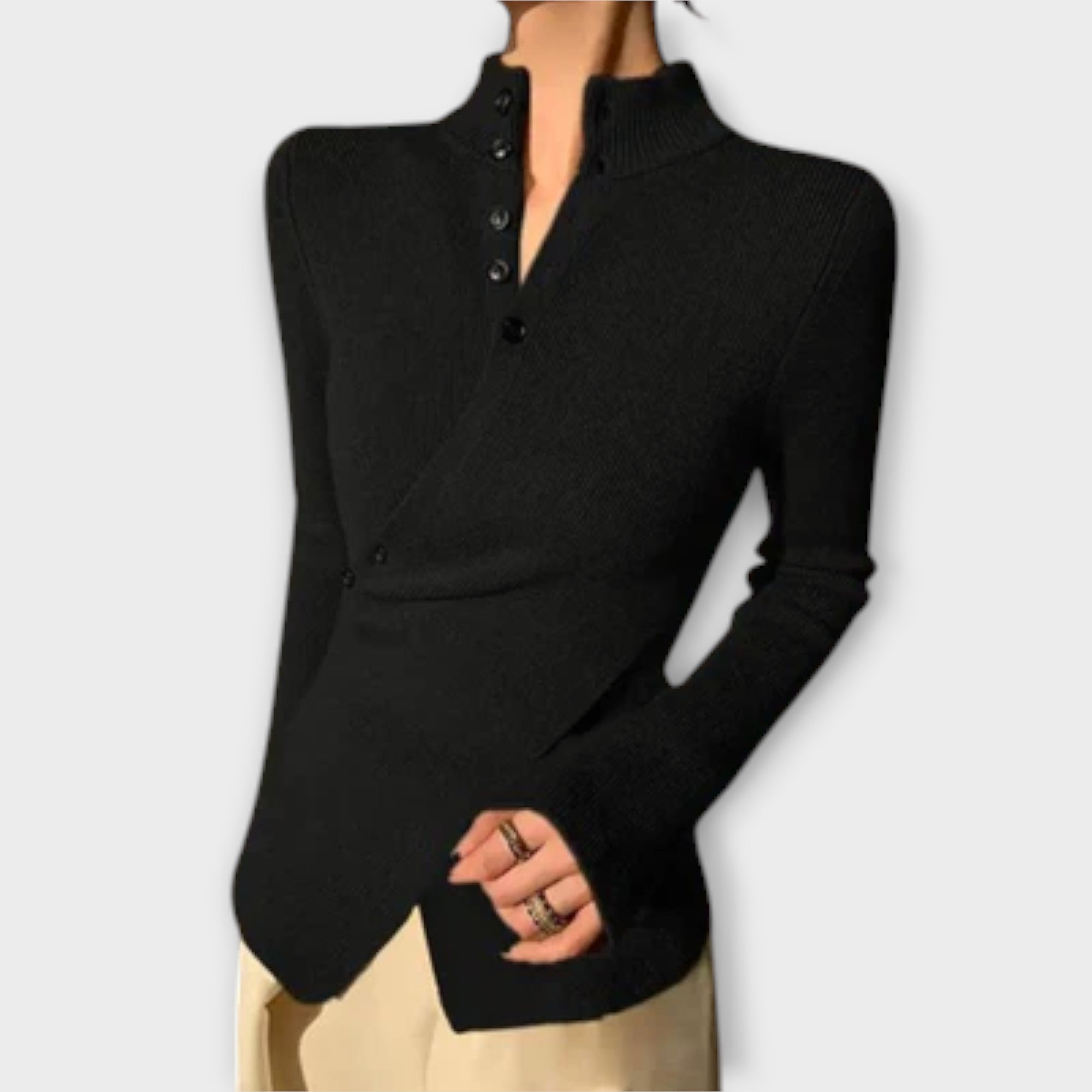 Women’s Ribbed Black Jumper, Cotton Blend, Long Sleeve, High Collar, Fitted