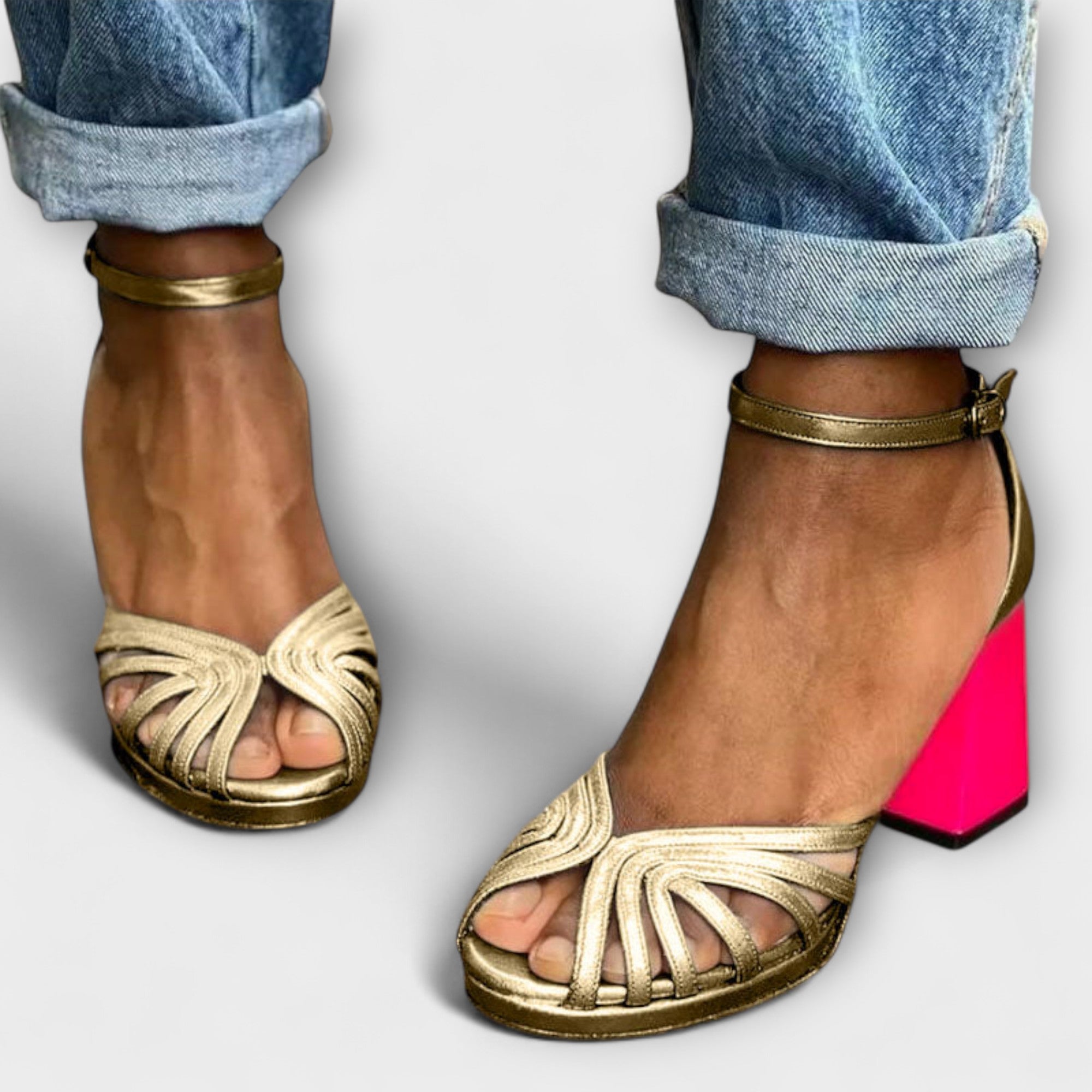 Women’s Sandals, Metallic Gold Front with Pink Block Heel, Open-Toe, Adjustable Ankle Strap, Synthetic