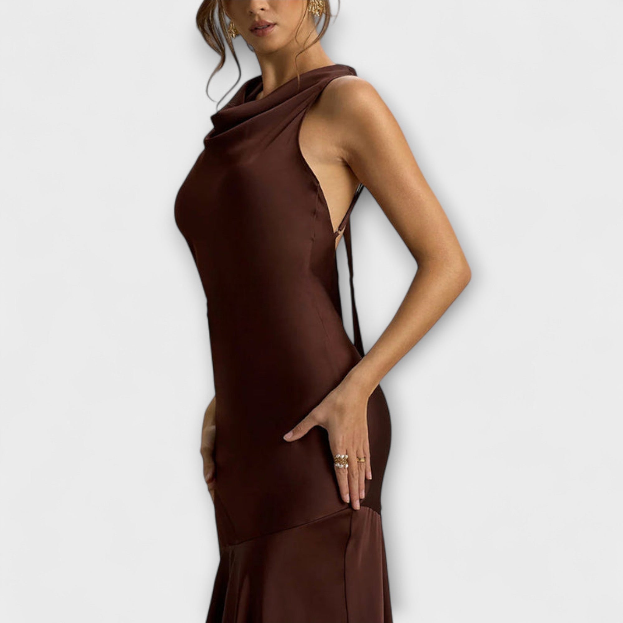 Women’s Satin Ankle-Length Dress, Sleeveless, Halter Neck with Tie, Loose Fit, Adjustable Straps
