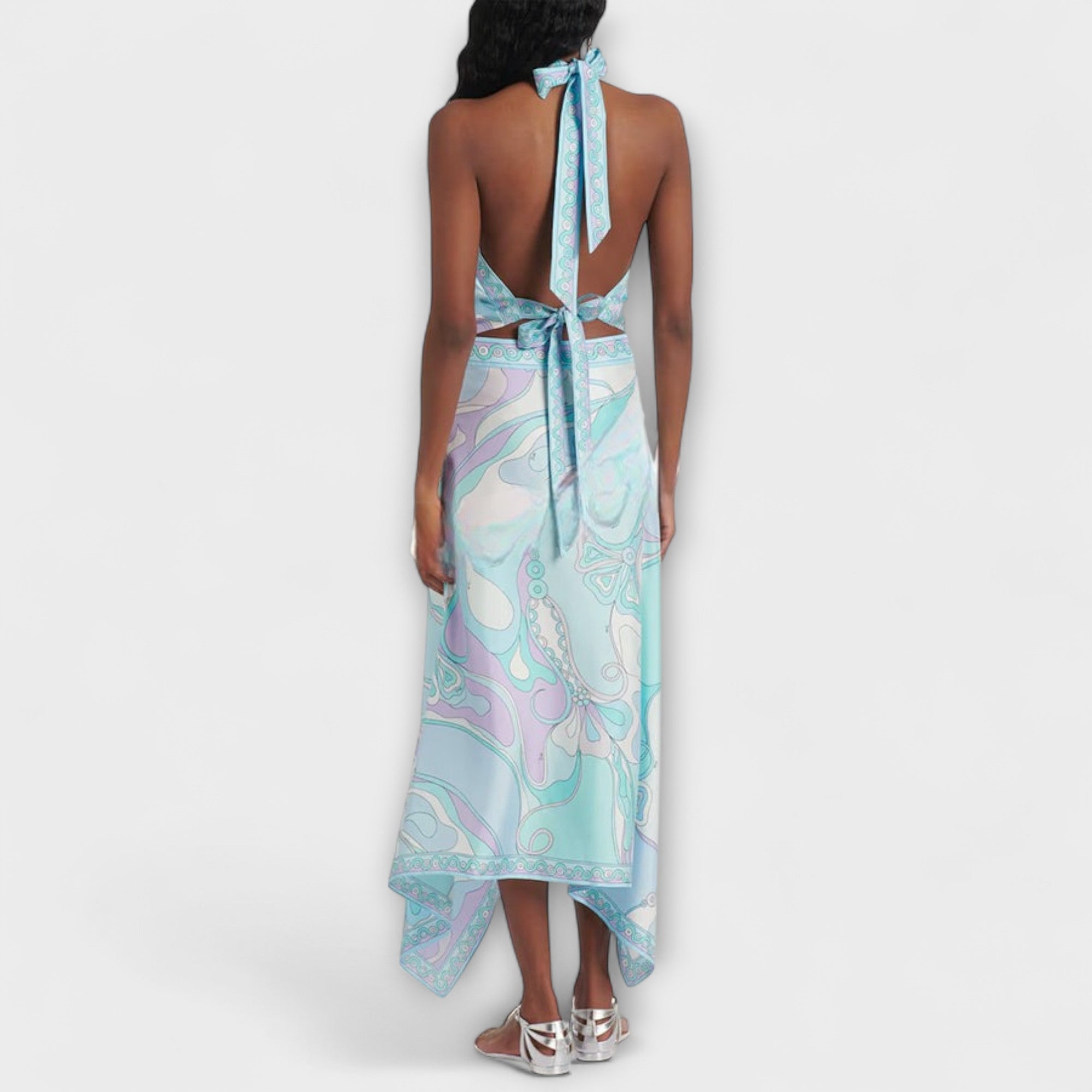 Women’s Satin Calf-Length Dress, Sleeveless, Halter Neck, Relaxed Fit