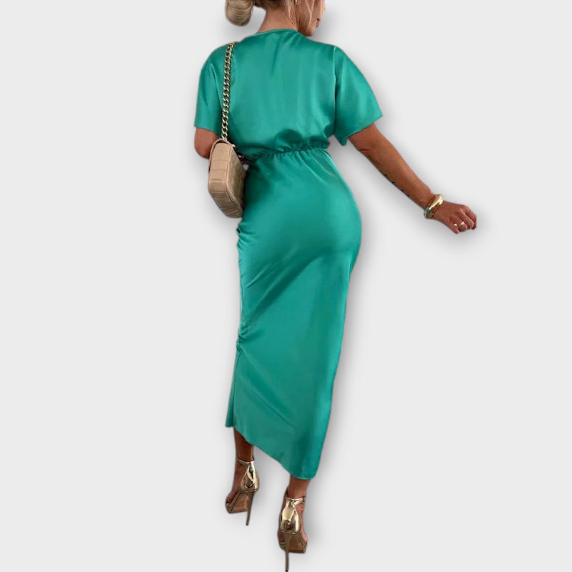 Women’s Satin Maxi Dress, Slim Fit, Short Sleeves, V-Neckline, Ankle-Length, Smooth Sheen