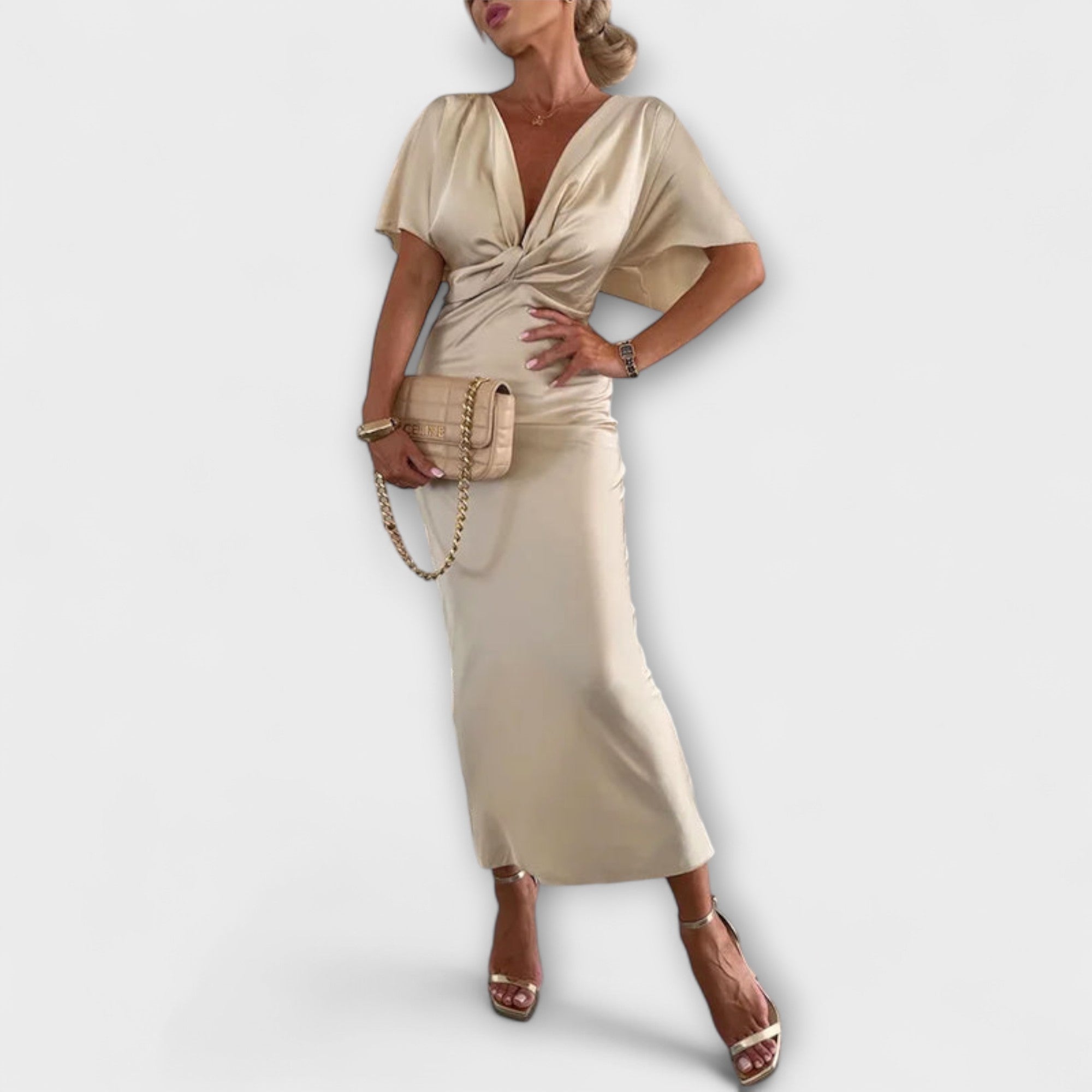 Women’s Satin Maxi Dress, Slim Fit, Short Sleeves, V-Neckline, Ankle-Length, Smooth Sheen