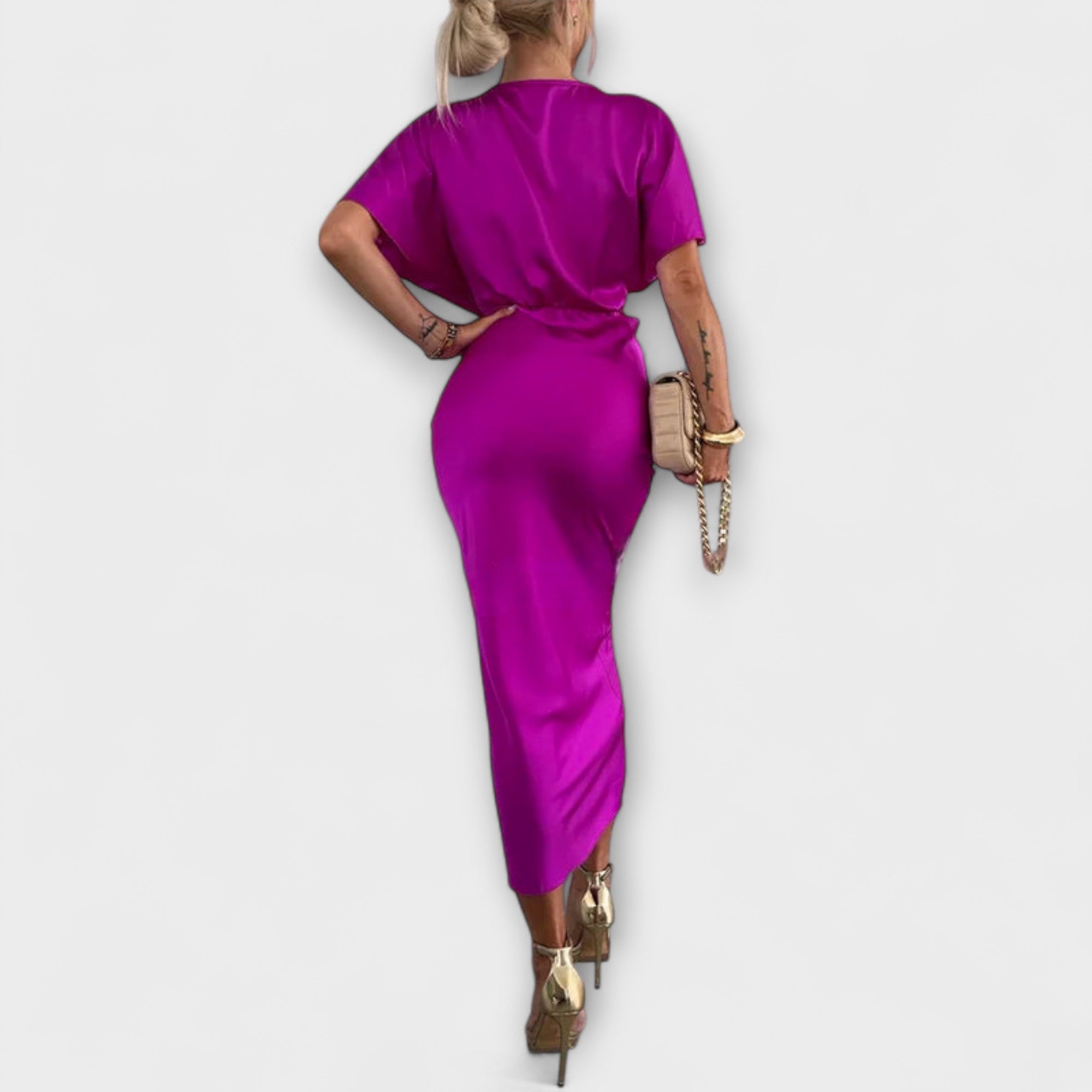 Women’s Satin Maxi Dress, Slim Fit, Short Sleeves, V-Neckline, Ankle-Length, Smooth Sheen