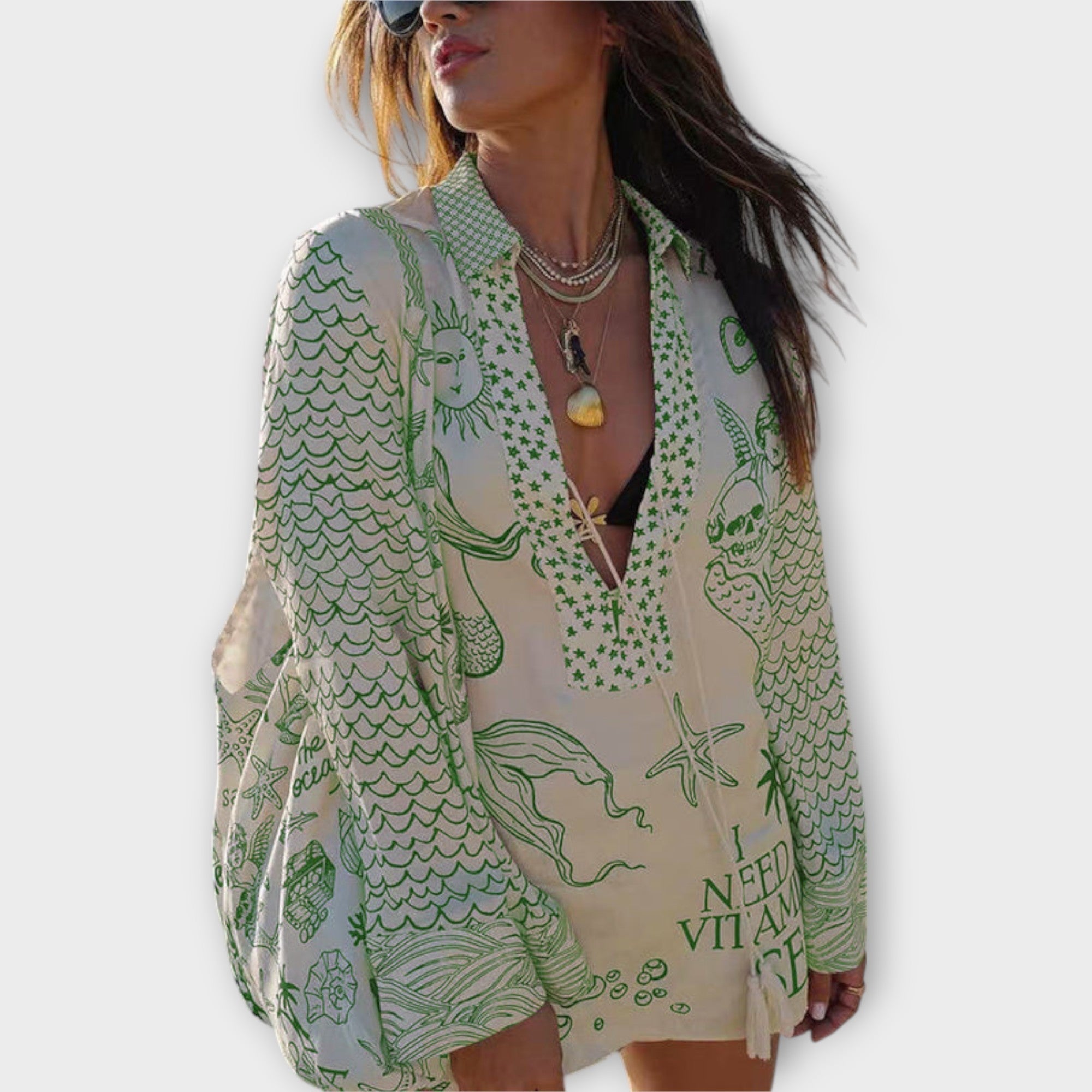 Women’s Satin Thigh-Length Dress, Long Sleeve, V-Neck, Relaxed Fit