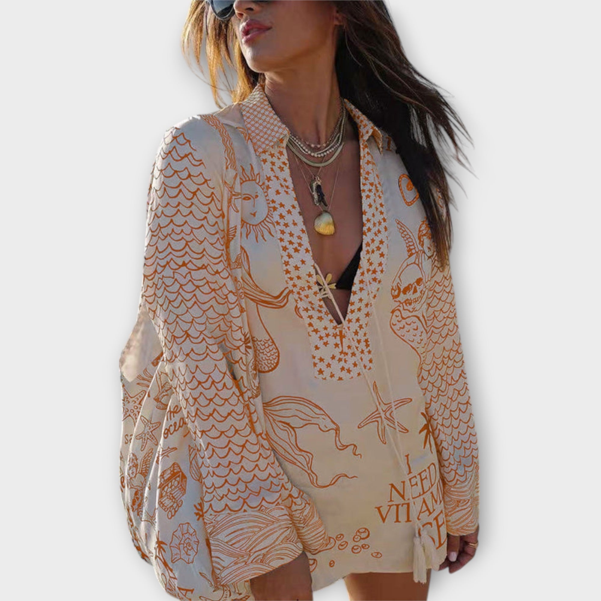 Women’s Satin Thigh-Length Dress, Long Sleeve, V-Neck, Relaxed Fit