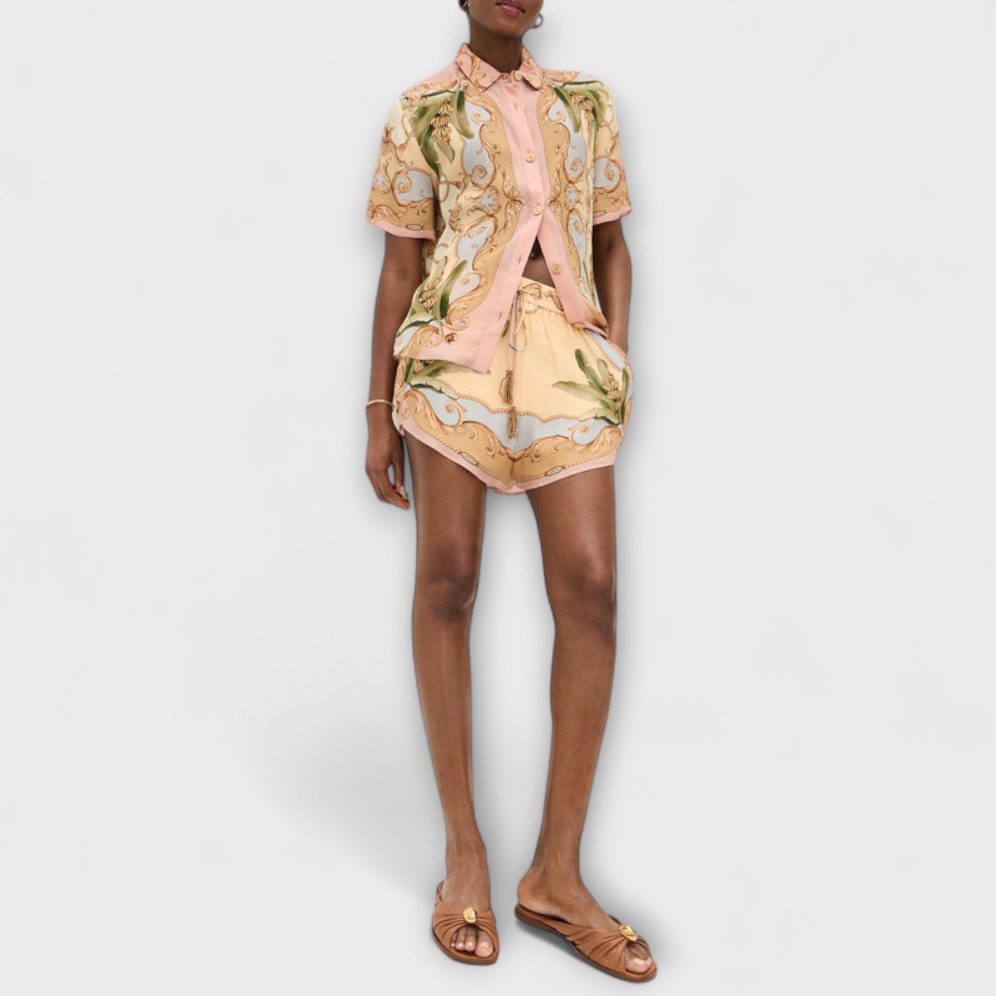 Women’s Shirt and Skirt Set, Vintage Botanical Print, Collarless Button-Up Shirt, Relaxed Fit Skirt