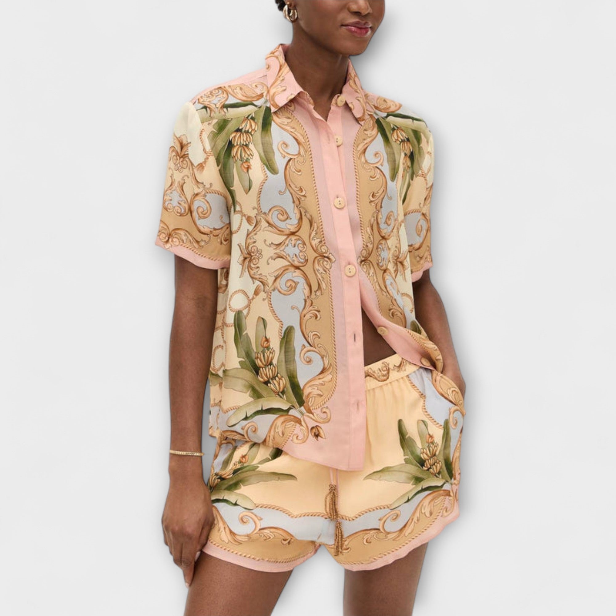 Women’s Shirt and Skirt Set, Vintage Botanical Print, Collarless Button-Up Shirt, Relaxed Fit Skirt