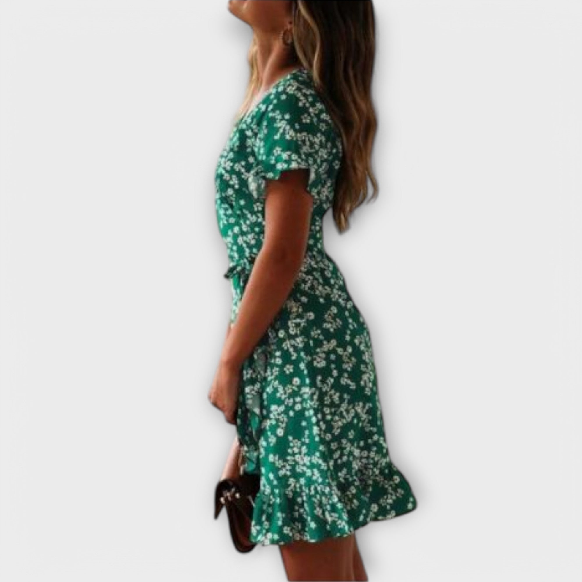 Women’s Short Green Floral Dress, Wrap Neckline, Short Sleeves, Fitted, Breathable Fabric, Ruffled Hem