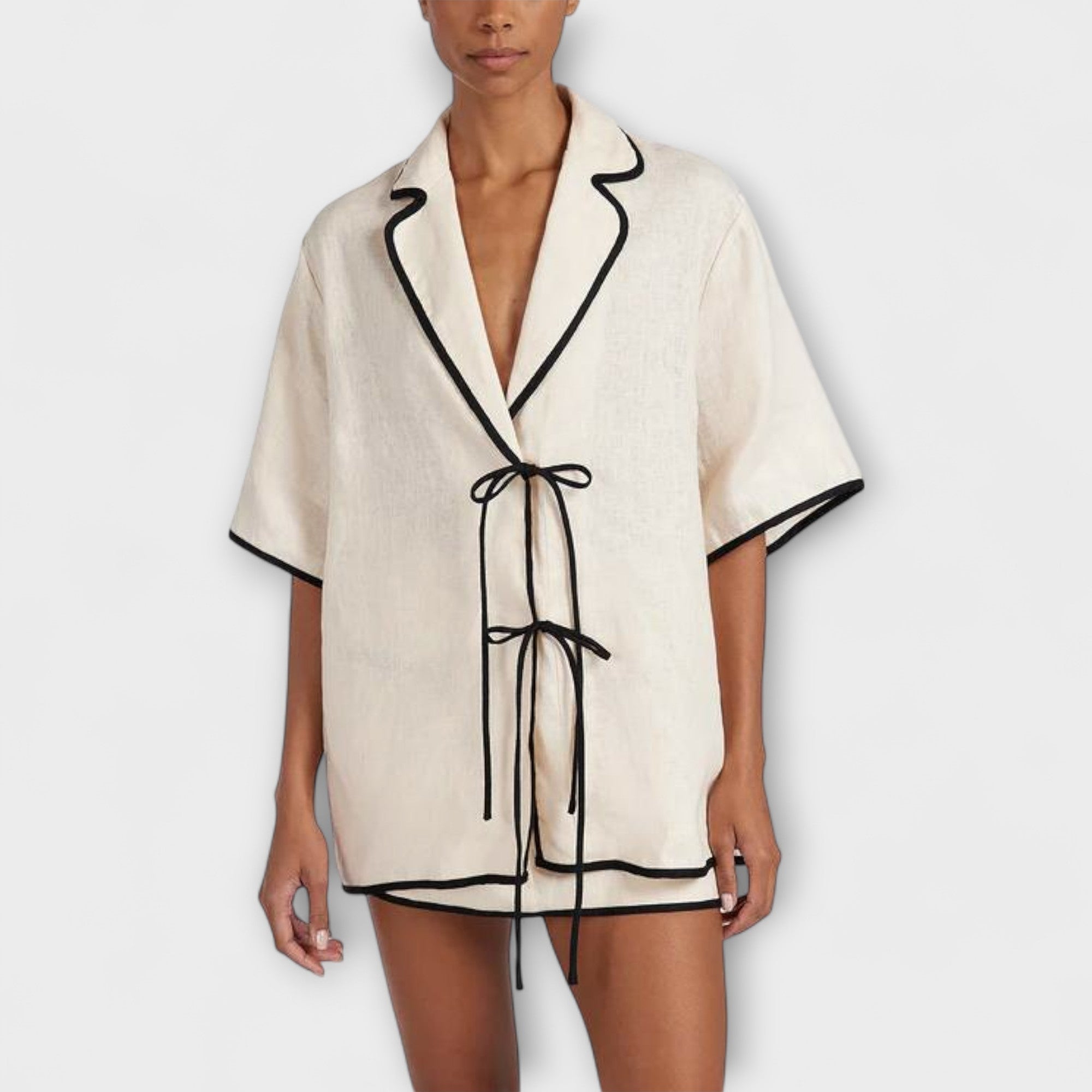 Women’s Skirt Set, Short Sleeve V-Neck Top with Relaxed Fit and Coordinating Skirt, Modern Contrast Accents, Double Closure