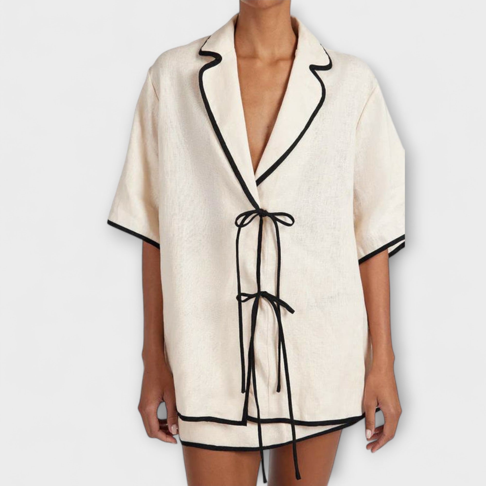 Women’s Skirt Set, Short Sleeve V-Neck Top with Relaxed Fit and Coordinating Skirt, Modern Contrast Accents, Double Closure