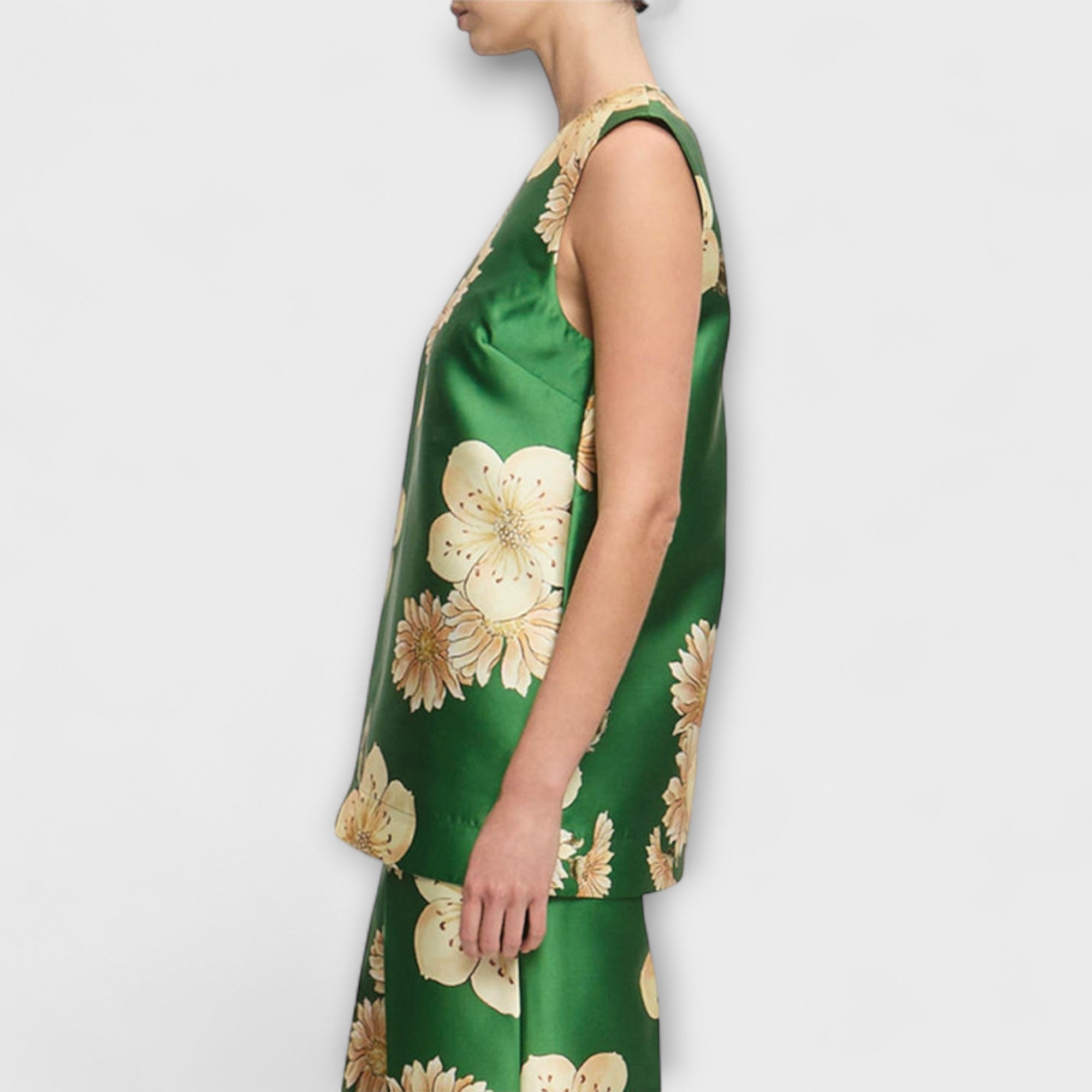 Women’s Sleeveless Blouse, Sage Green, Silky Fabric, Round Neckline, Flowing Fit, Floral Print