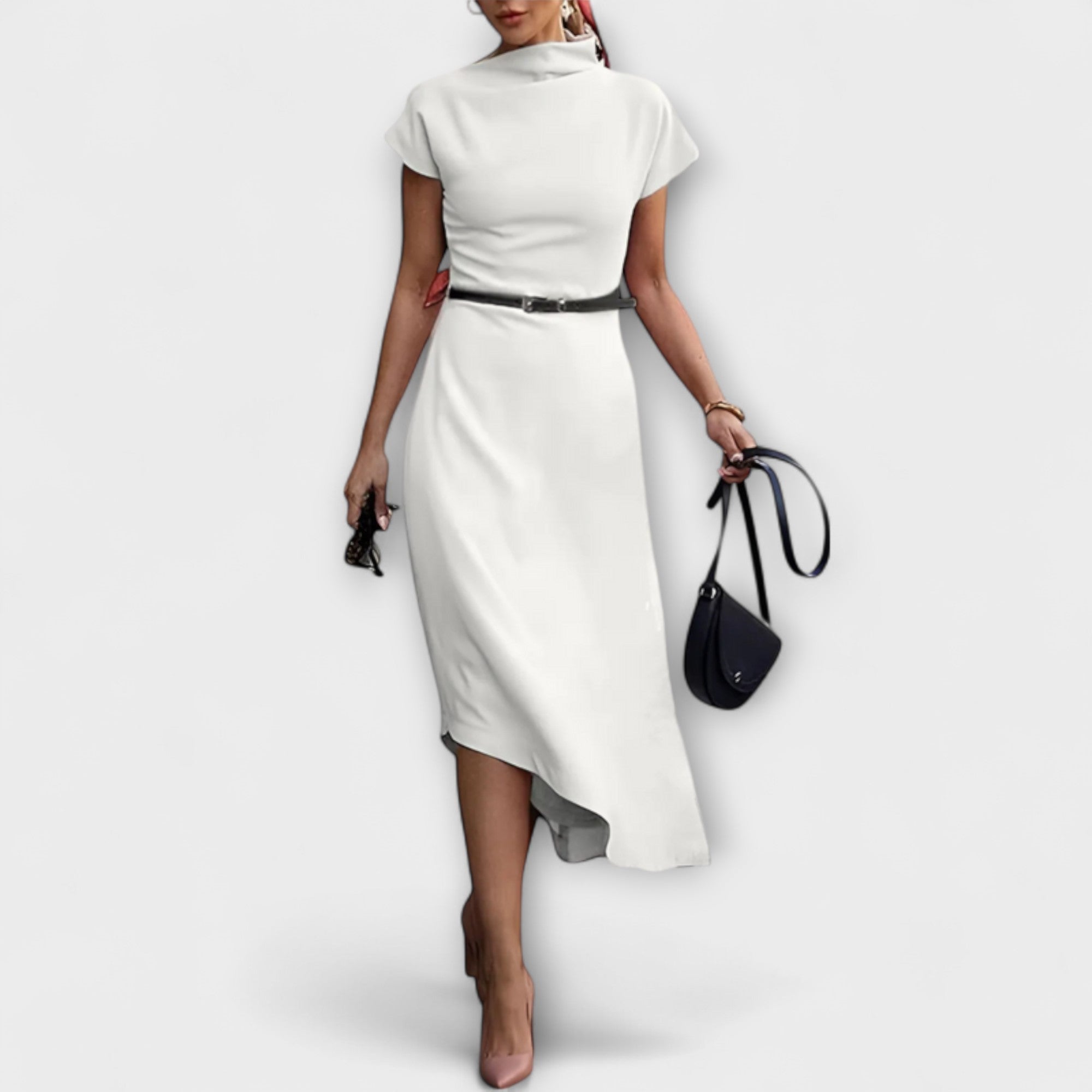 Women’s Sleeveless Cotton Blend A-Line Dress, High Neckline, Asymmetrical Cut, Slit Detail