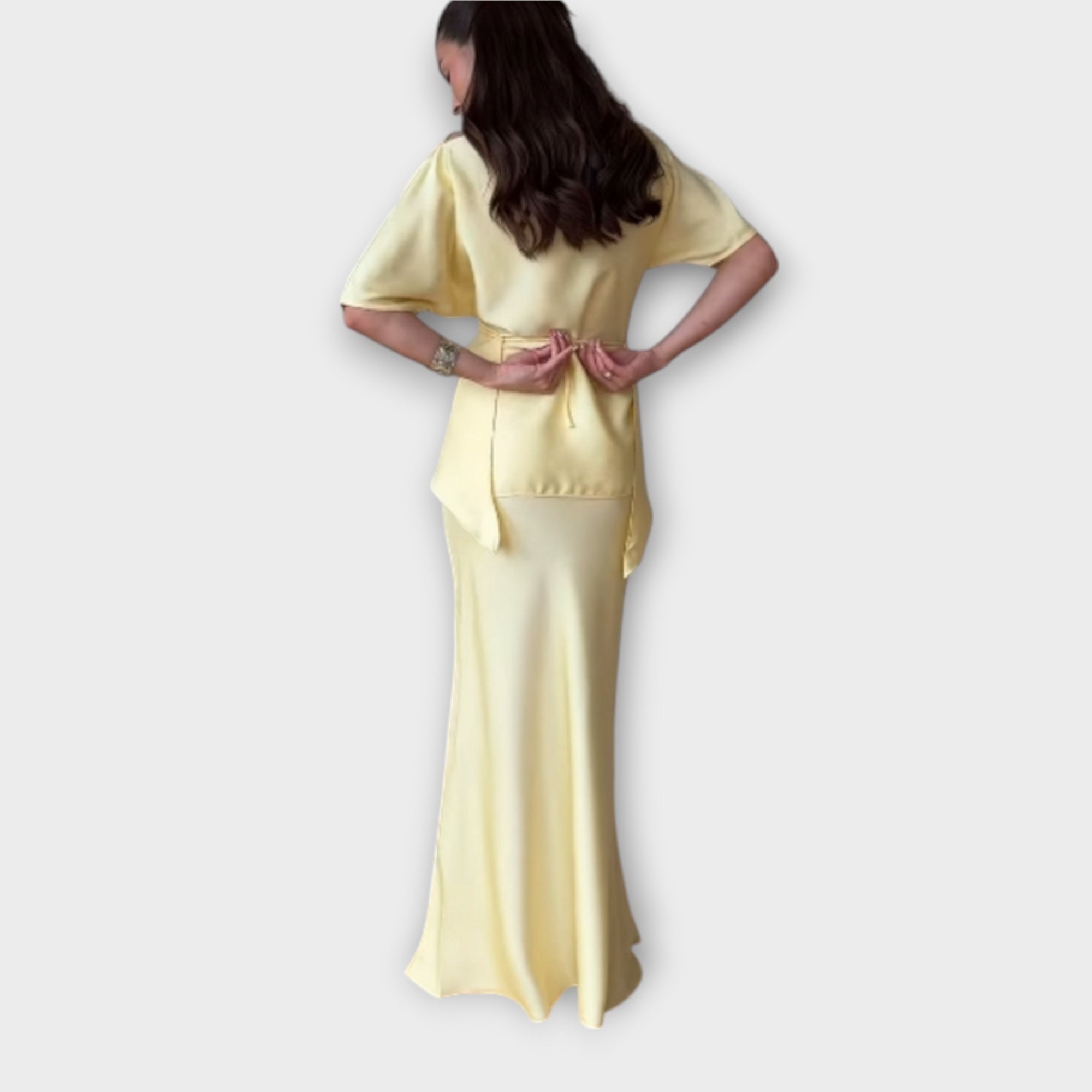 Women’s Sleeveless Dress, Tailored Fit, Wide Neckline, Crossed Slit Straps, Waistband Skirt