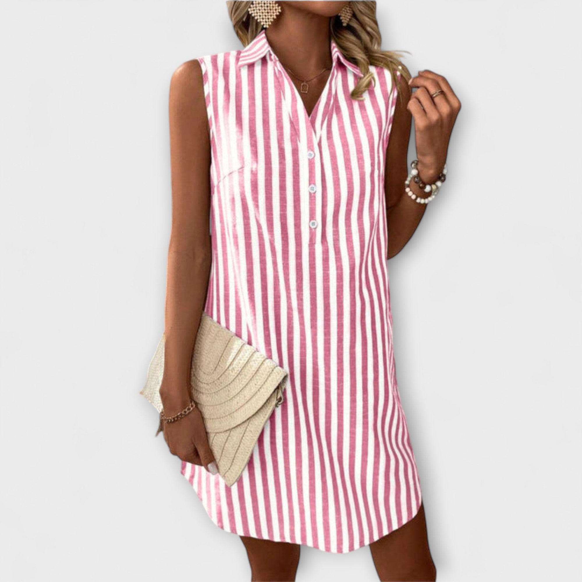 Women’s Sleeveless Shirt Dress, Blue White Striped, Classic Collar, Relaxed Fit, Breathable Fabric