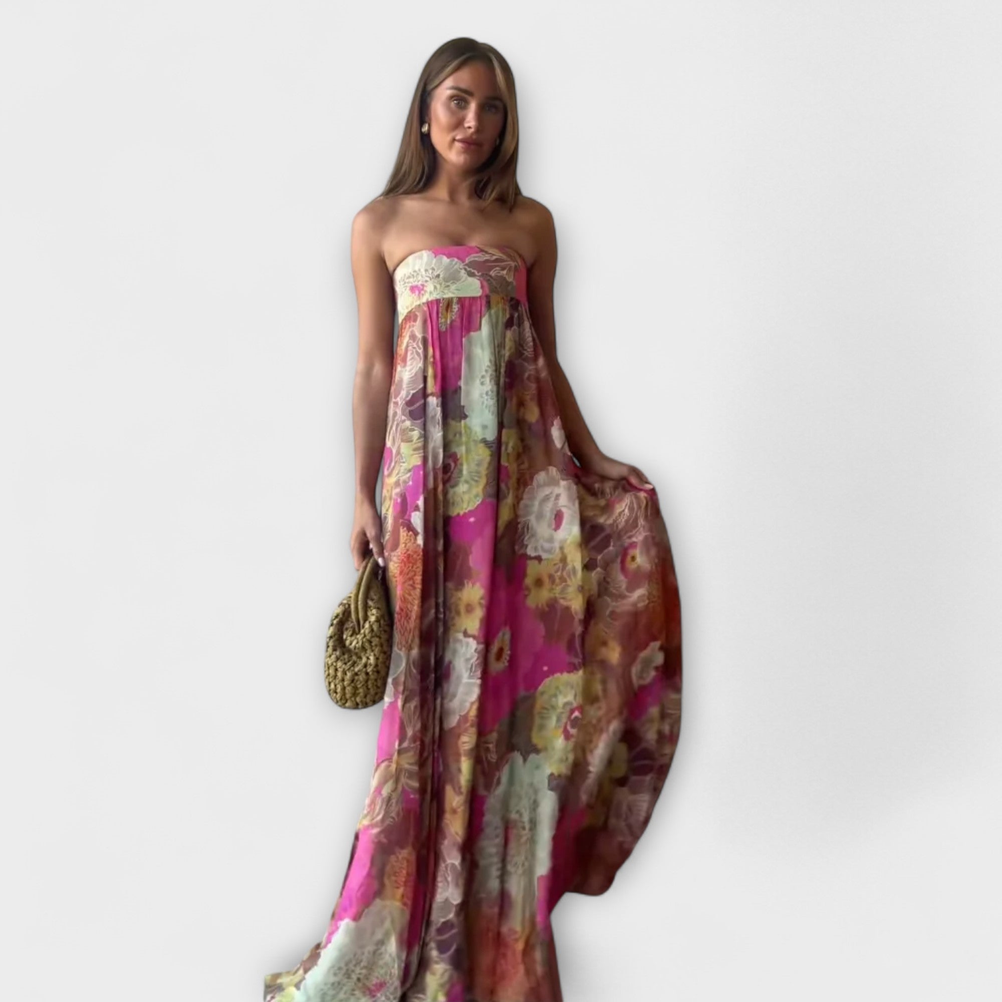 Women’s Sleeveless Strapless Dress, Retro Print, Open Back Neckline, A-Line Fit, Breathable Fabric