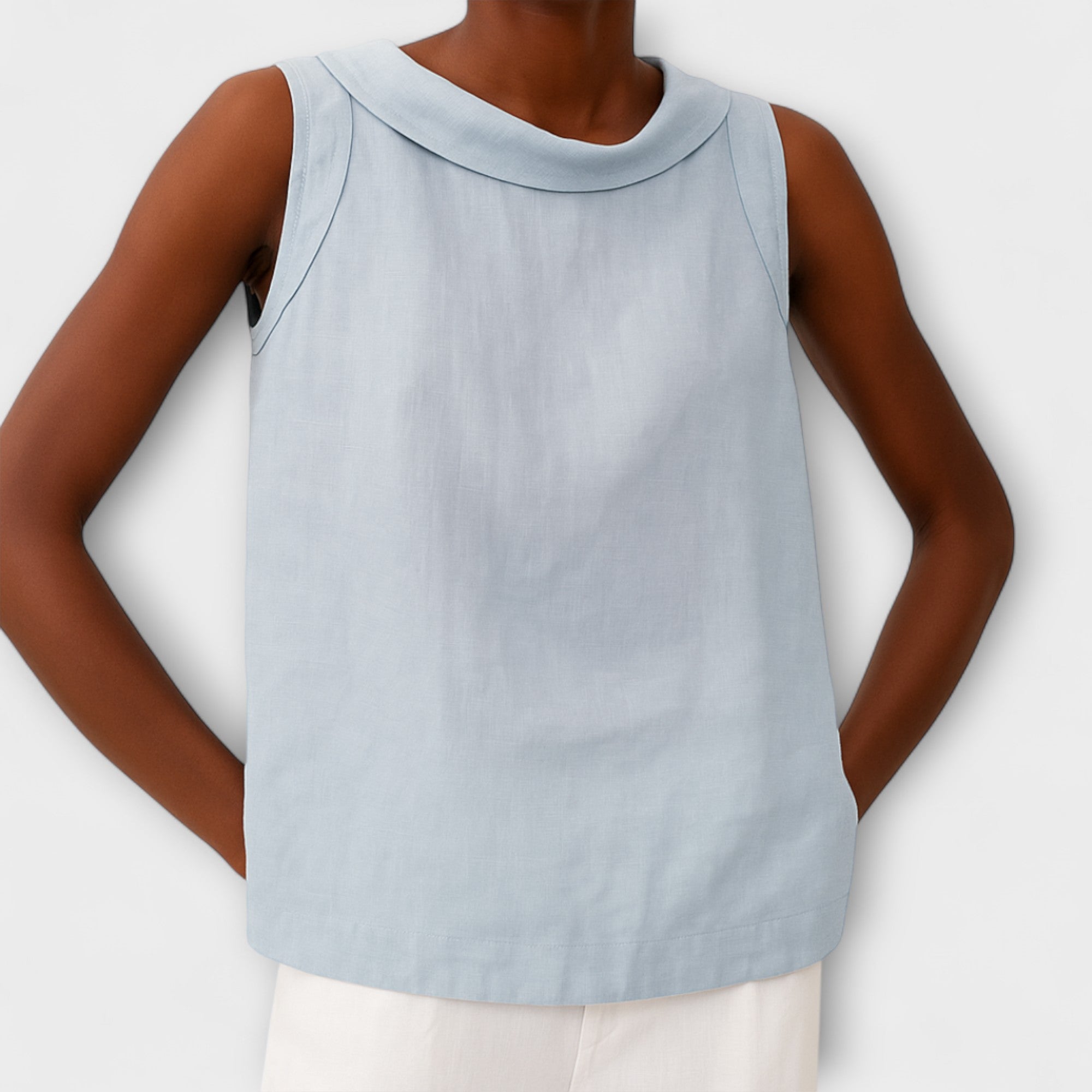 Women’s Sleeveless Top, Cotton Linen Blend, Neutral Color, Pleated Collar, Regular Fit