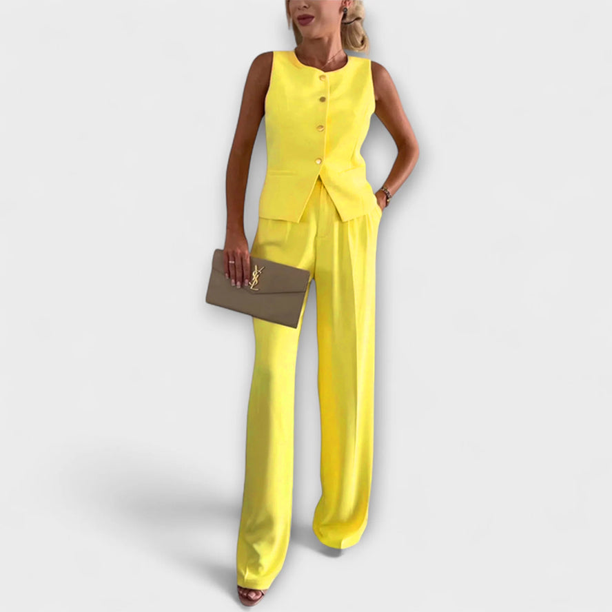 Women’s Sleeveless Top with Button Accents and Straight-Cut Trousers Ensemble, Soft Fabric, Tailored Fit