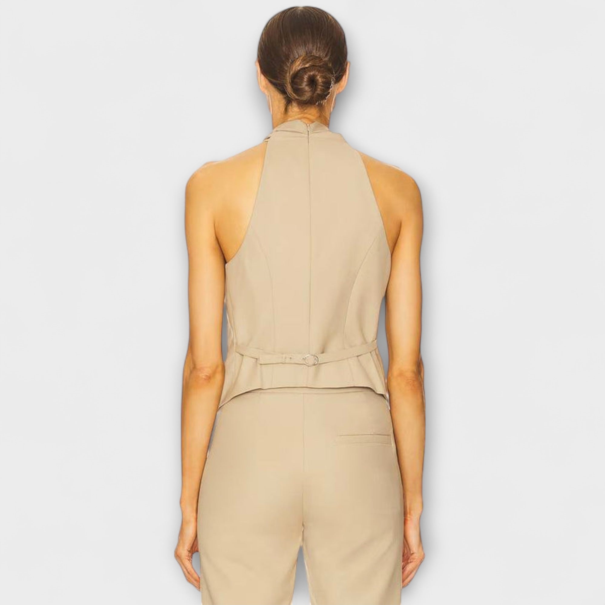 Women’s Sleeveless Twill Top, Lightweight, Cross Halter Neck, Fitted, Polyester Viscose