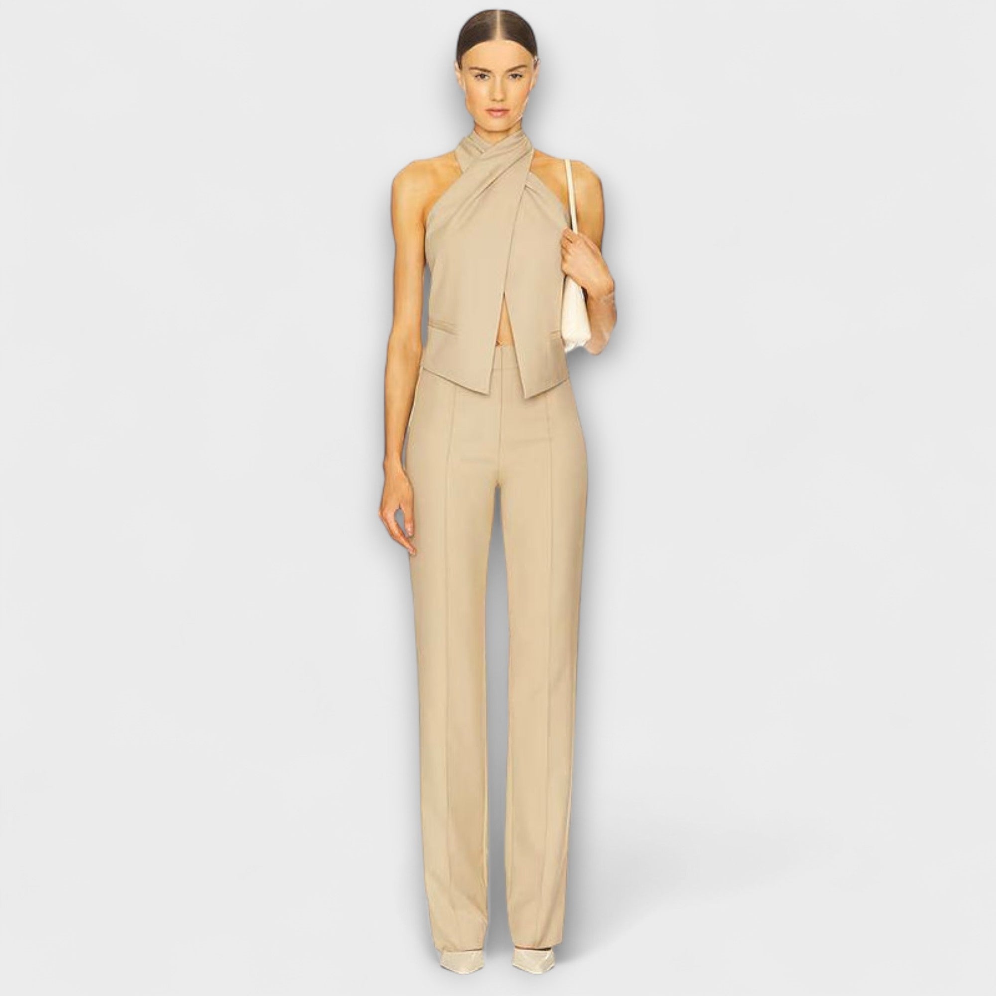 Women’s Sleeveless Twill Top, Lightweight, Cross Halter Neck, Fitted, Polyester Viscose