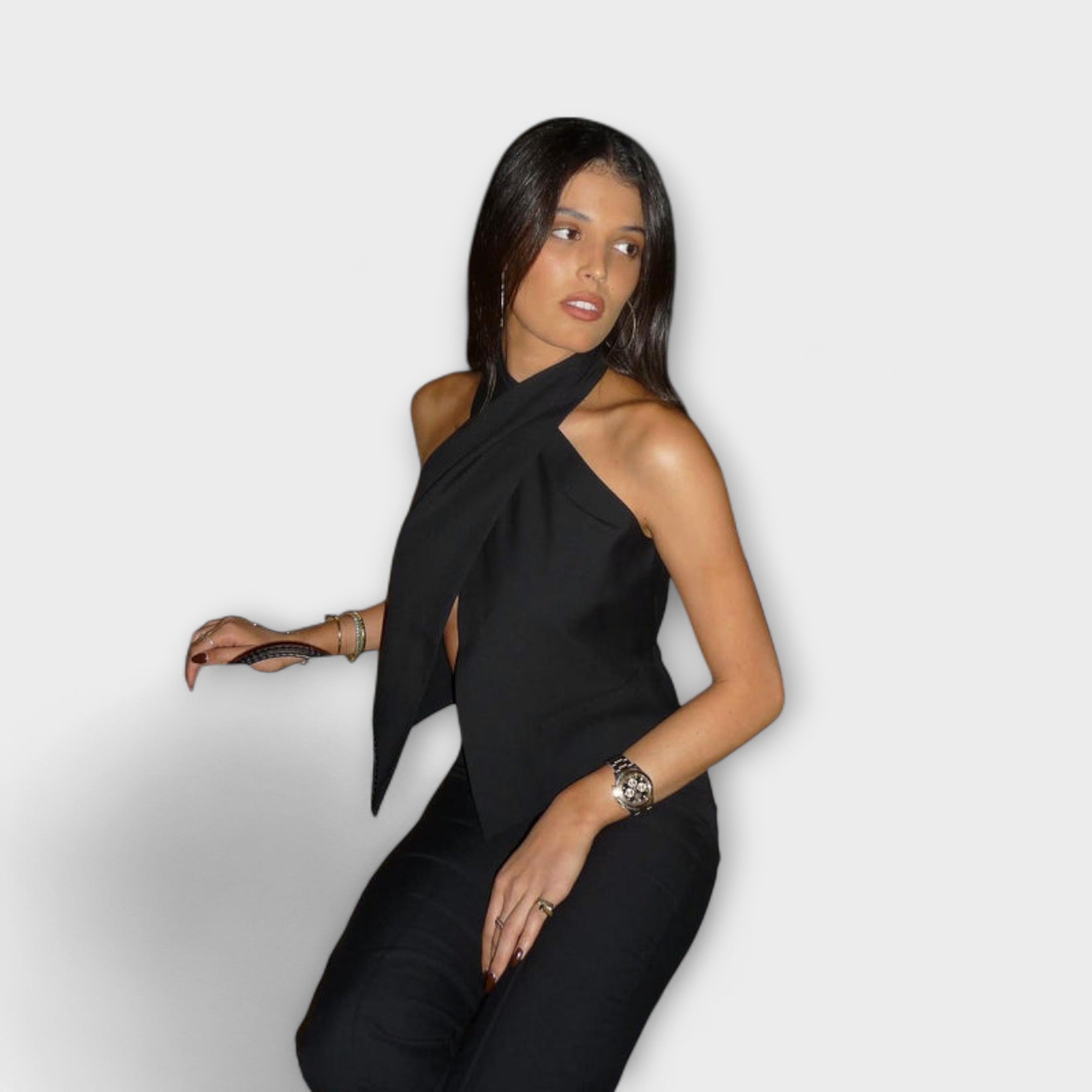 Women’s Sleeveless Twill Top, Lightweight, Cross Halter Neck, Fitted, Polyester Viscose