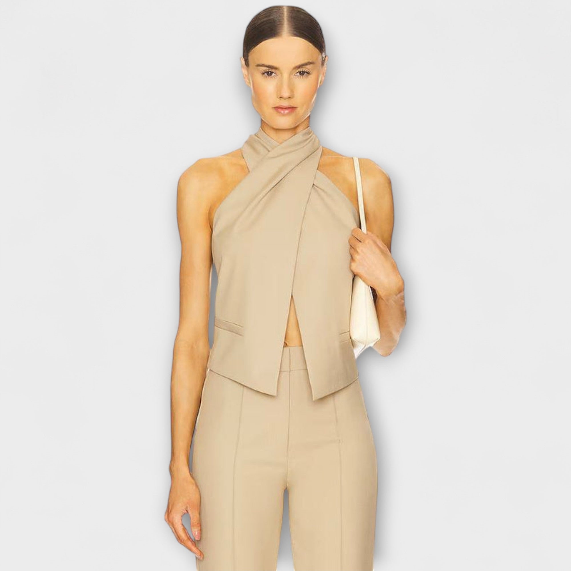 Women’s Sleeveless Twill Top, Lightweight, Cross Halter Neck, Fitted, Polyester Viscose