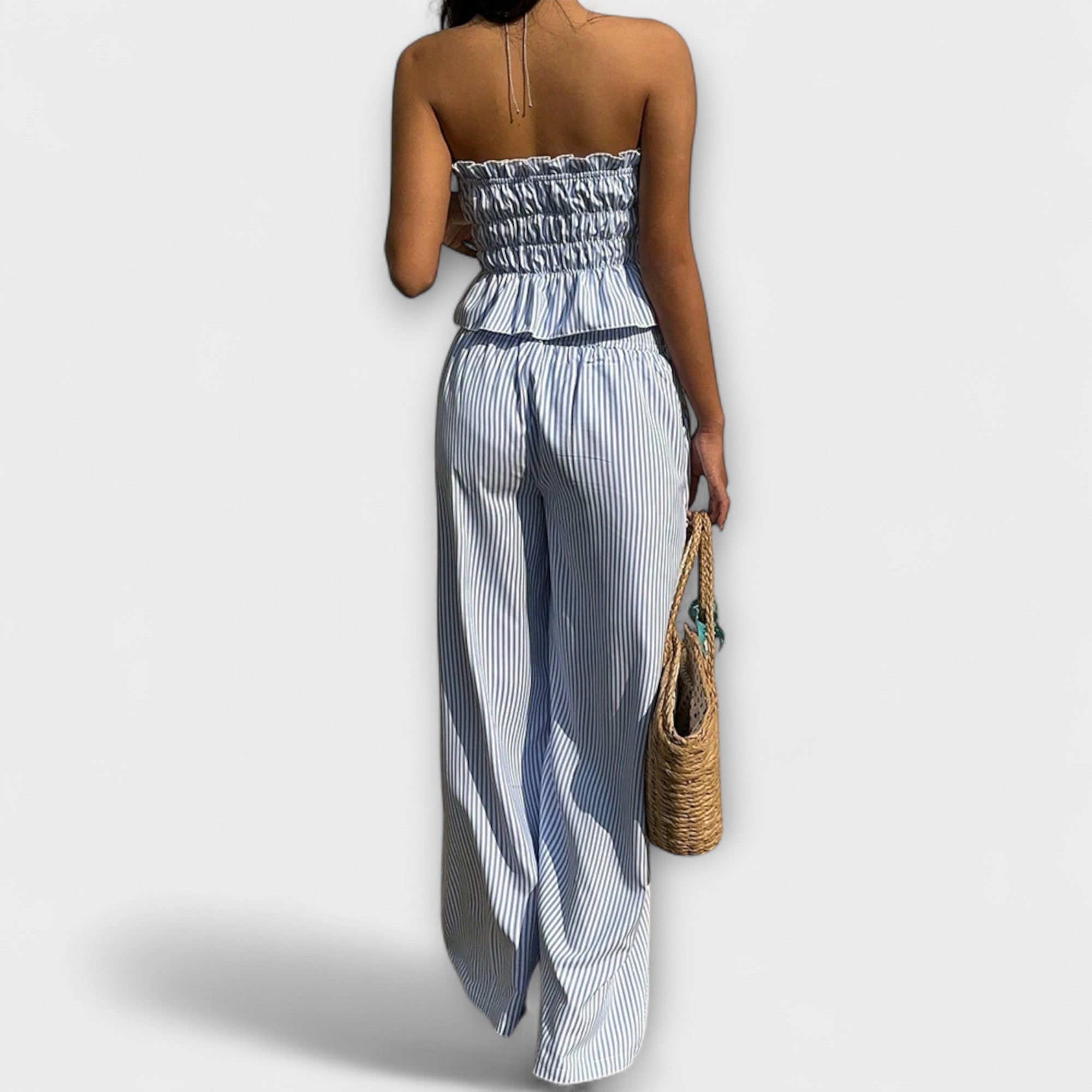 Women’s Strapless Trousers Set, High-Waist, Ruffle and Bow Detail, Spring Summer, Breathable Fit