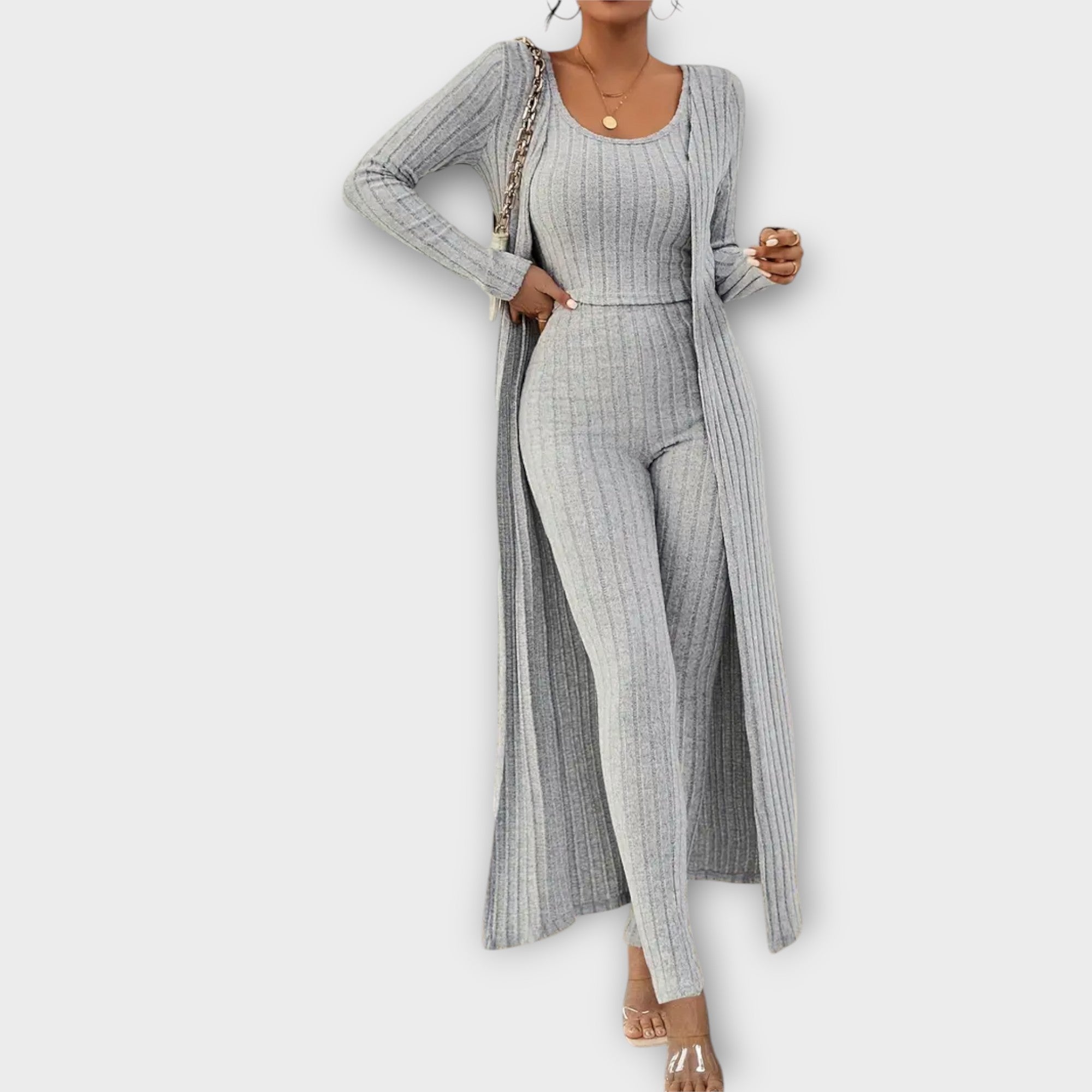 Women’s Striped Crop Top Set, Long-Sleeved Cardigan, Tailored Crop Top, Lightweight, Relaxed Fit Trousers