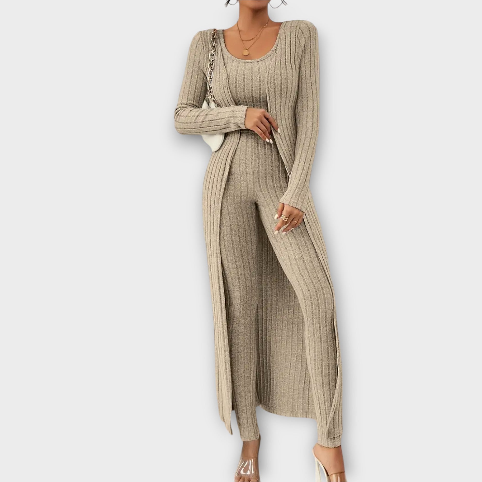 Women’s Striped Crop Top Set, Long-Sleeved Cardigan, Tailored Crop Top, Lightweight, Relaxed Fit Trousers