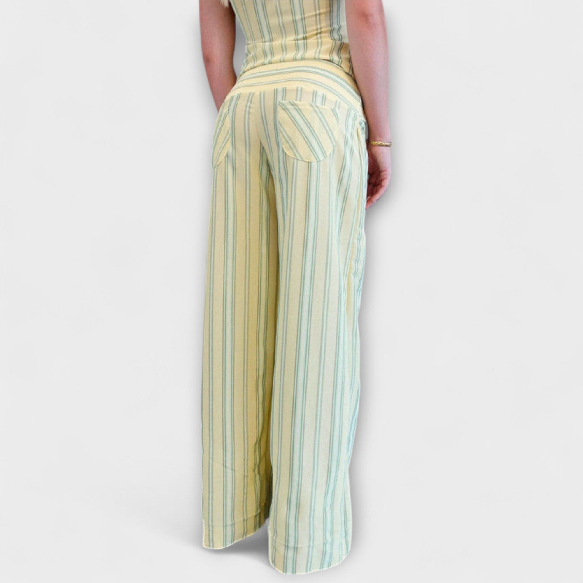 Women’s Striped Strapless Top with Adjustable Ties, Sleeveless, Open Back , Tailored Striped Trousers with Zip Closure and Back Pockets, Tailored Fit Set