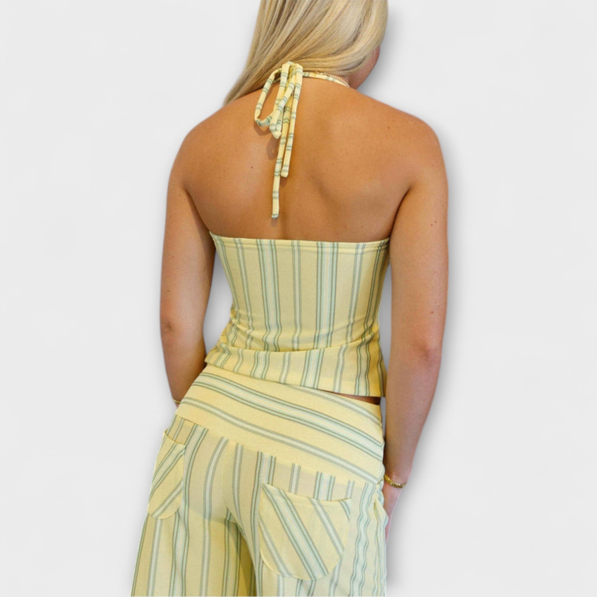 Women’s Striped Strapless Top with Adjustable Ties, Sleeveless, Open Back , Tailored Striped Trousers with Zip Closure and Back Pockets, Tailored Fit Set