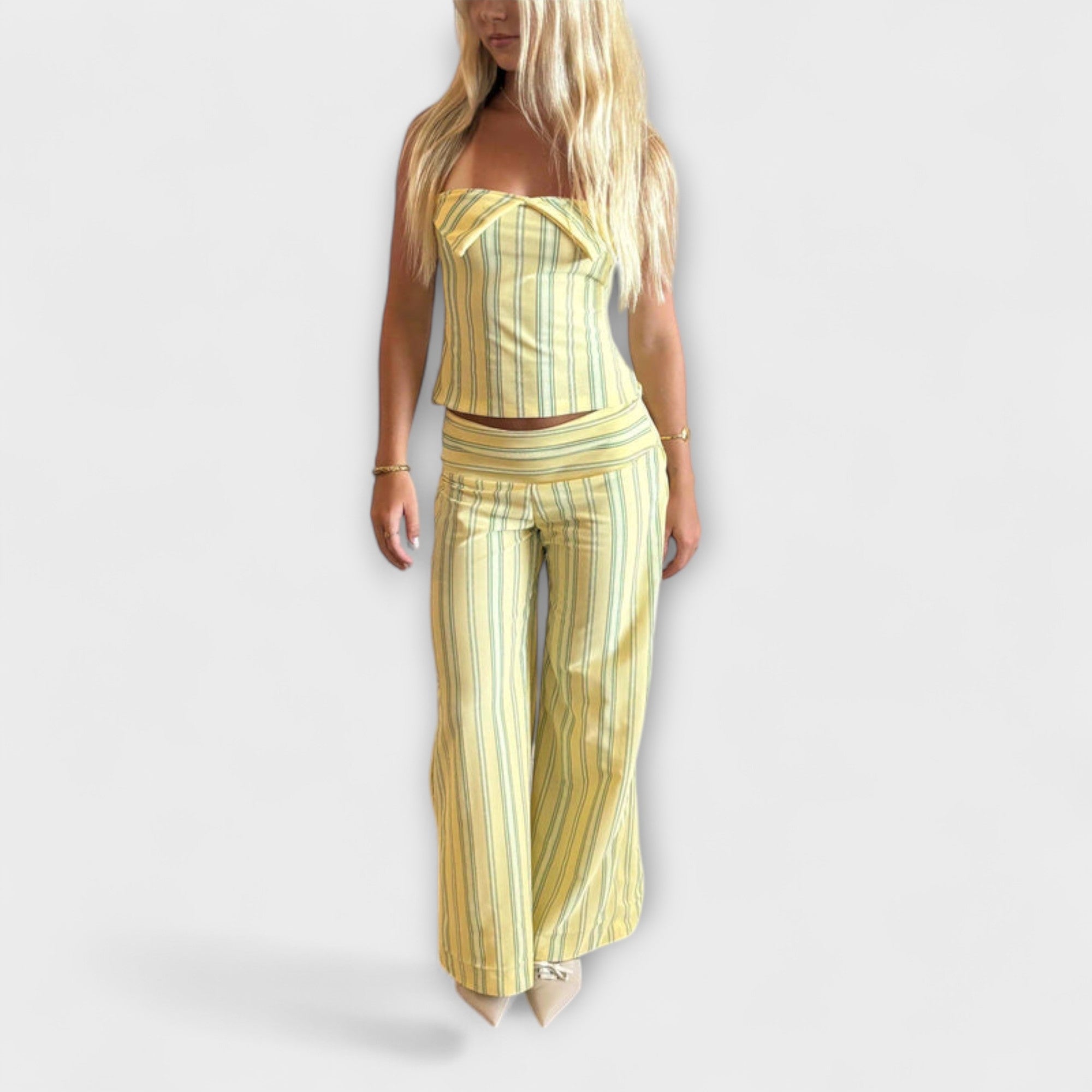Women’s Striped Strapless Top with Adjustable Ties, Sleeveless, Open Back , Tailored Striped Trousers with Zip Closure and Back Pockets, Tailored Fit Set