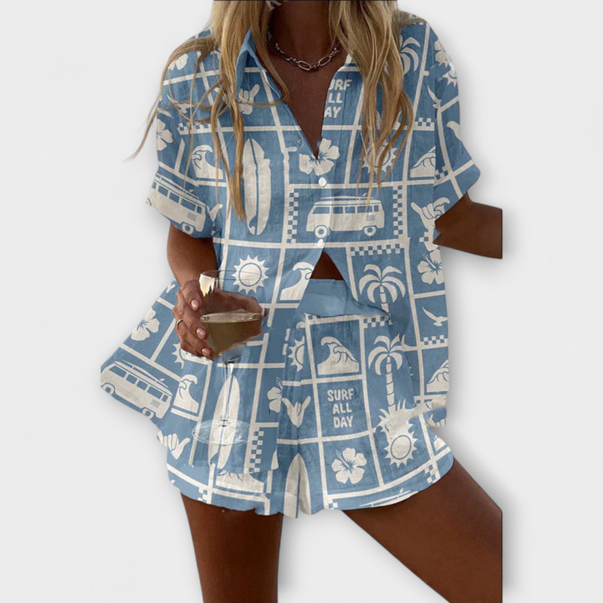 Women’s Two-Piece Outfit, Lightweight Breathable Fabric, Relaxed Fit, Caravan Print