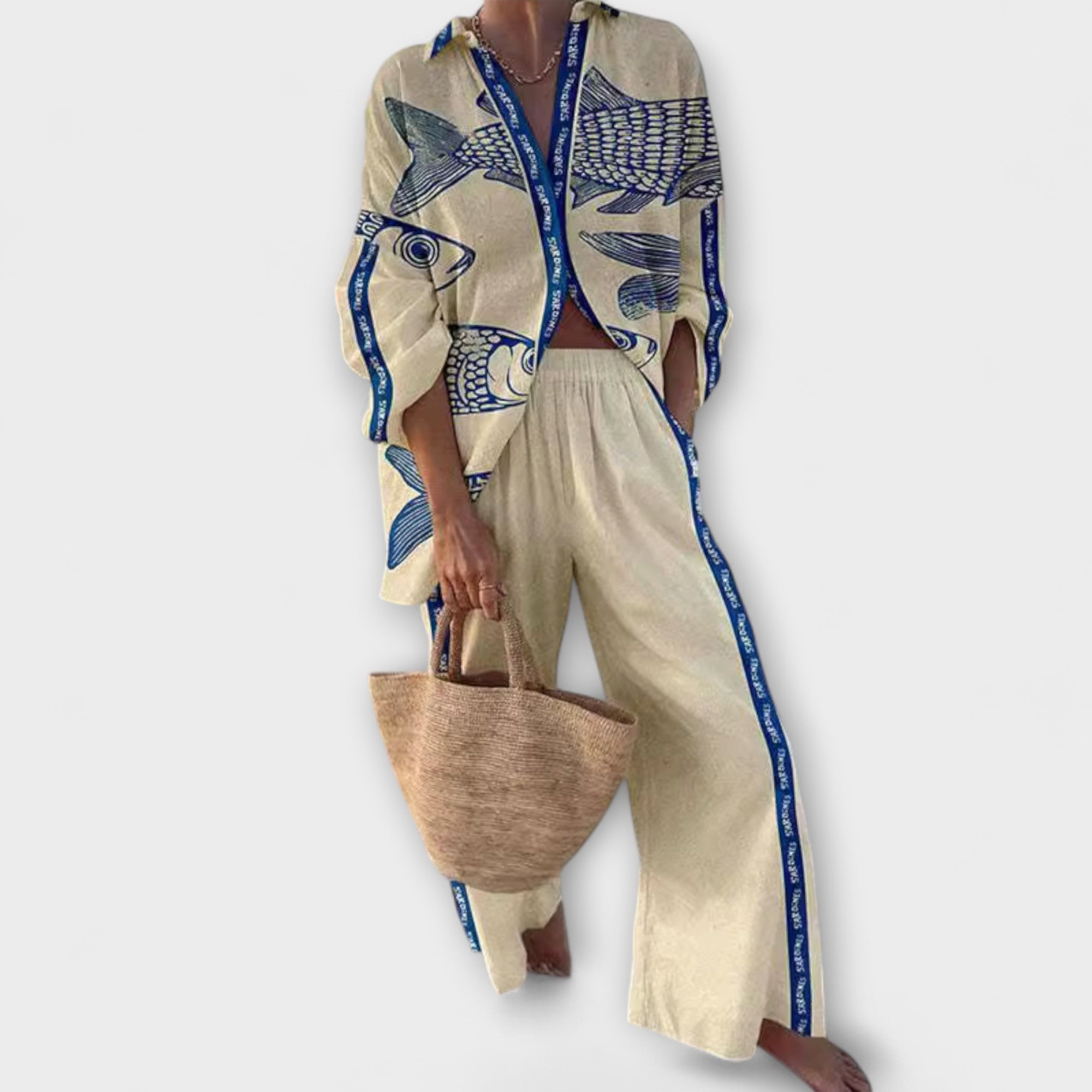 Women’s Two-Piece Set, Blue Nautical Fish Print, Relaxed Fit, Breathable Linen-Like Fabric