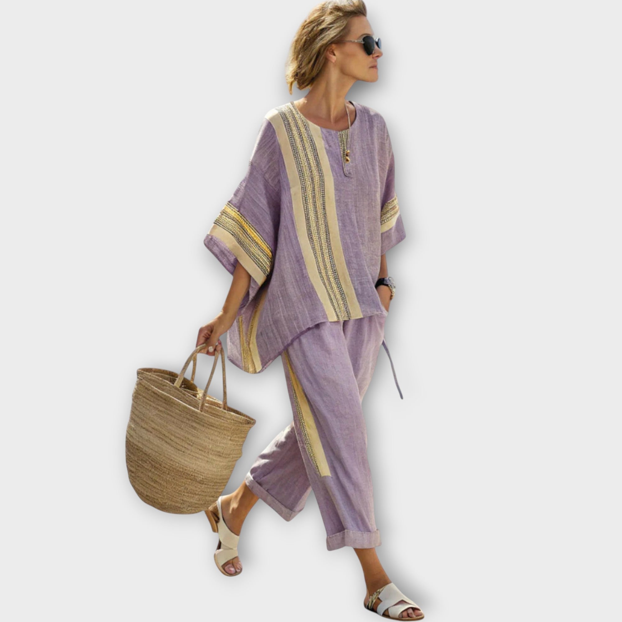 Women’s Two-Piece Set, Lightweight Flowing Top and Wide-Leg Striped Trousers, Relaxed Fit