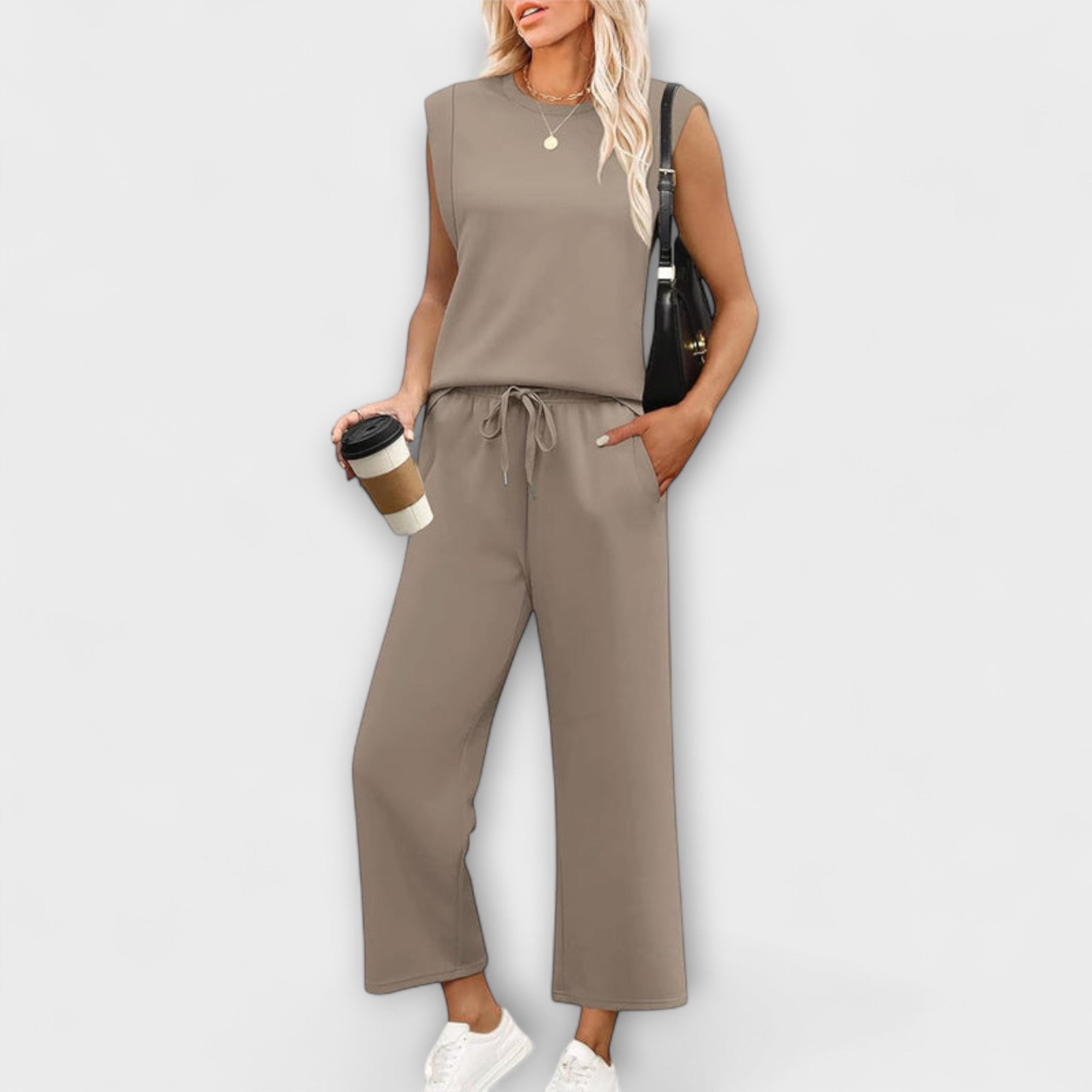 Women’s Two-Piece Set, Long Sleeve Top with Round Neckline, Wide-Leg Cropped Trousers, Casual Fit, Breathable Fabric