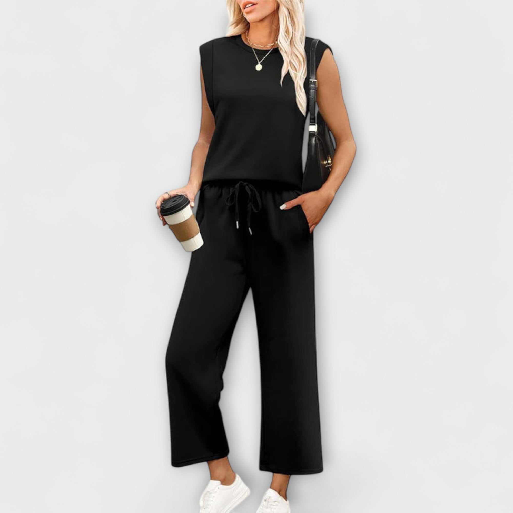 Women’s Two-Piece Set, Long Sleeve Top with Round Neckline, Wide-Leg Cropped Trousers, Casual Fit, Breathable Fabric